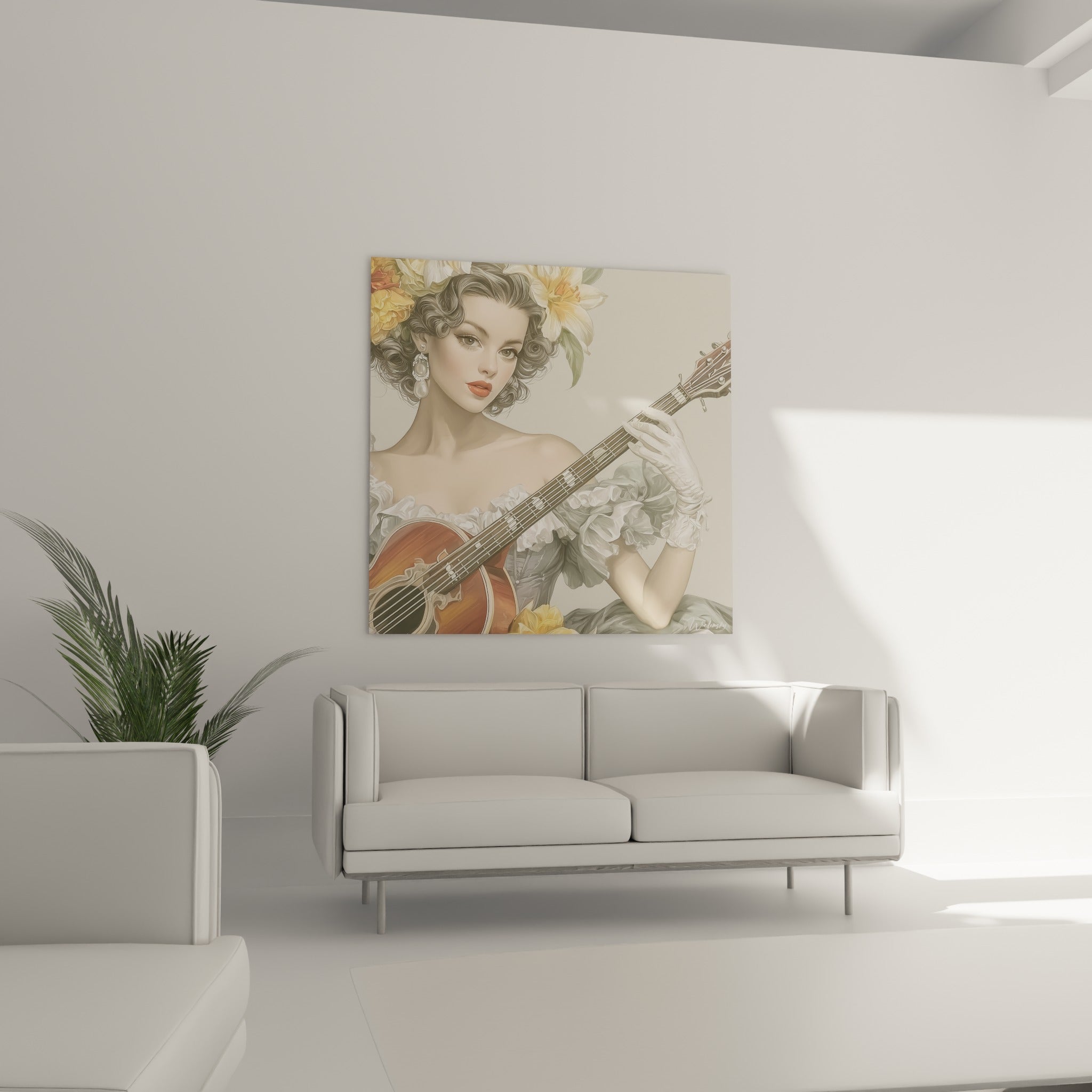Guitariste élégante en robe grise, couronne florale dorée, au-dessus d'un canapé dans un salon lumineux