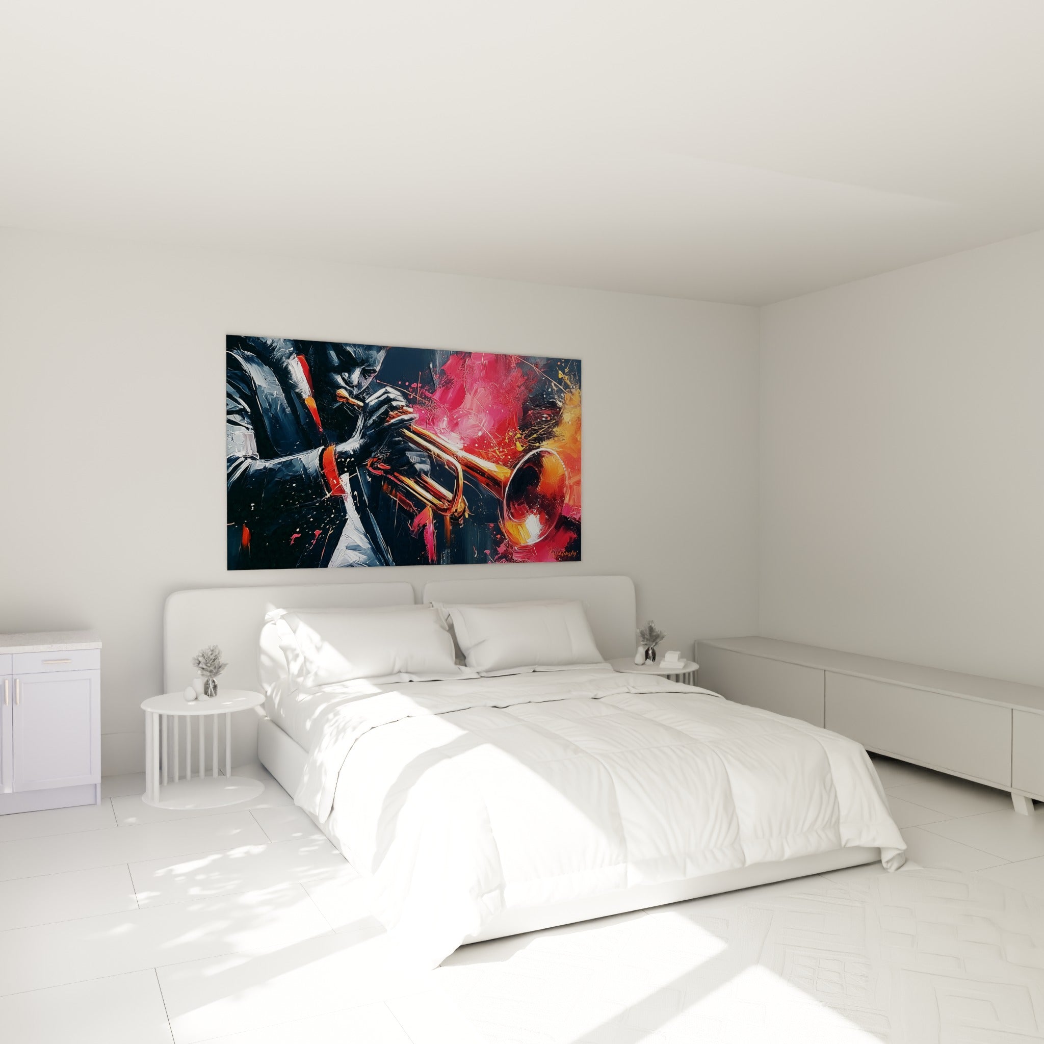 Musicien au geste vif, tons anthracite et orange incandescent, au-dessus d'un lit dans une chambre claire