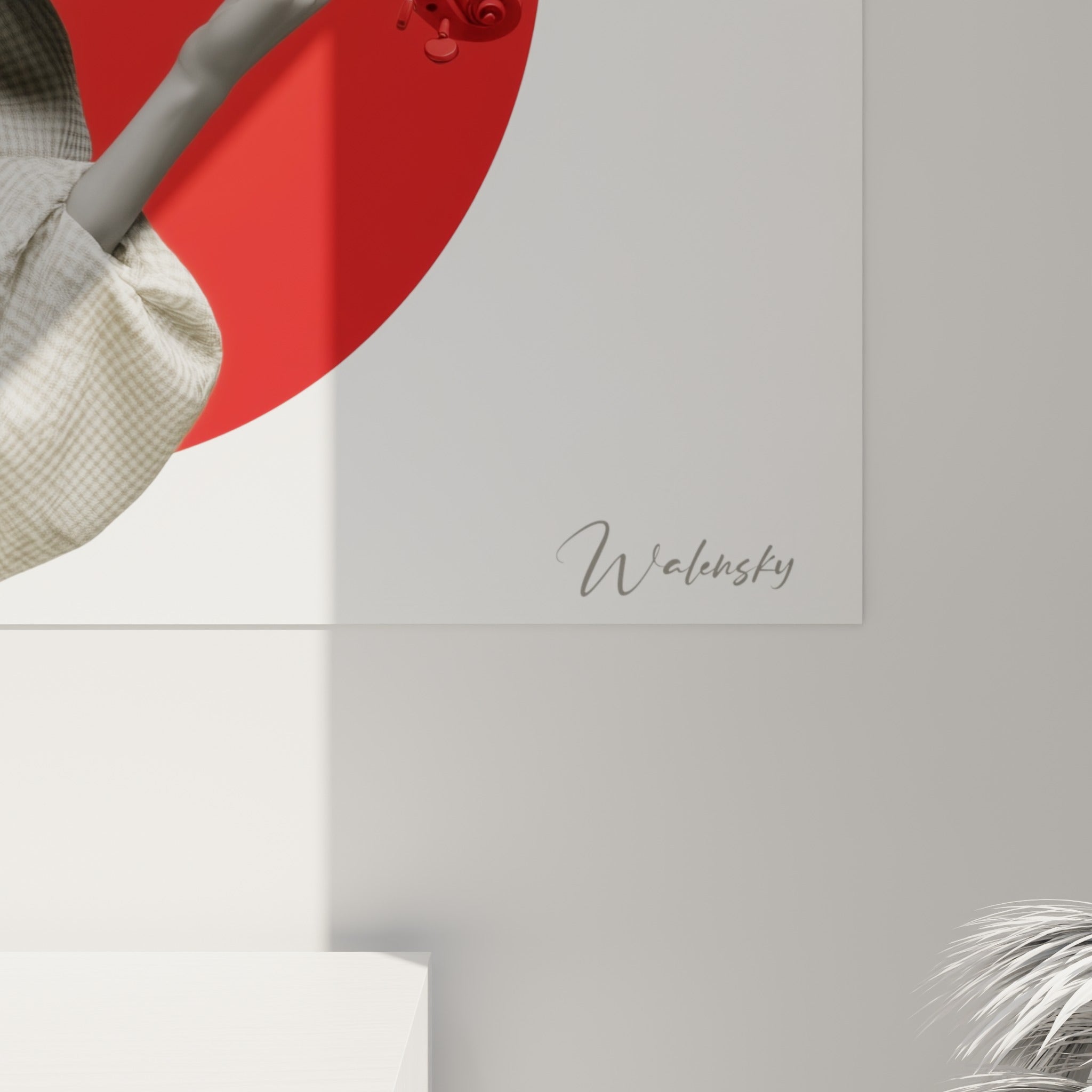 Détail du violon rouge vif et du manteau texturé à carreaux gris révélant le grain de l'impression