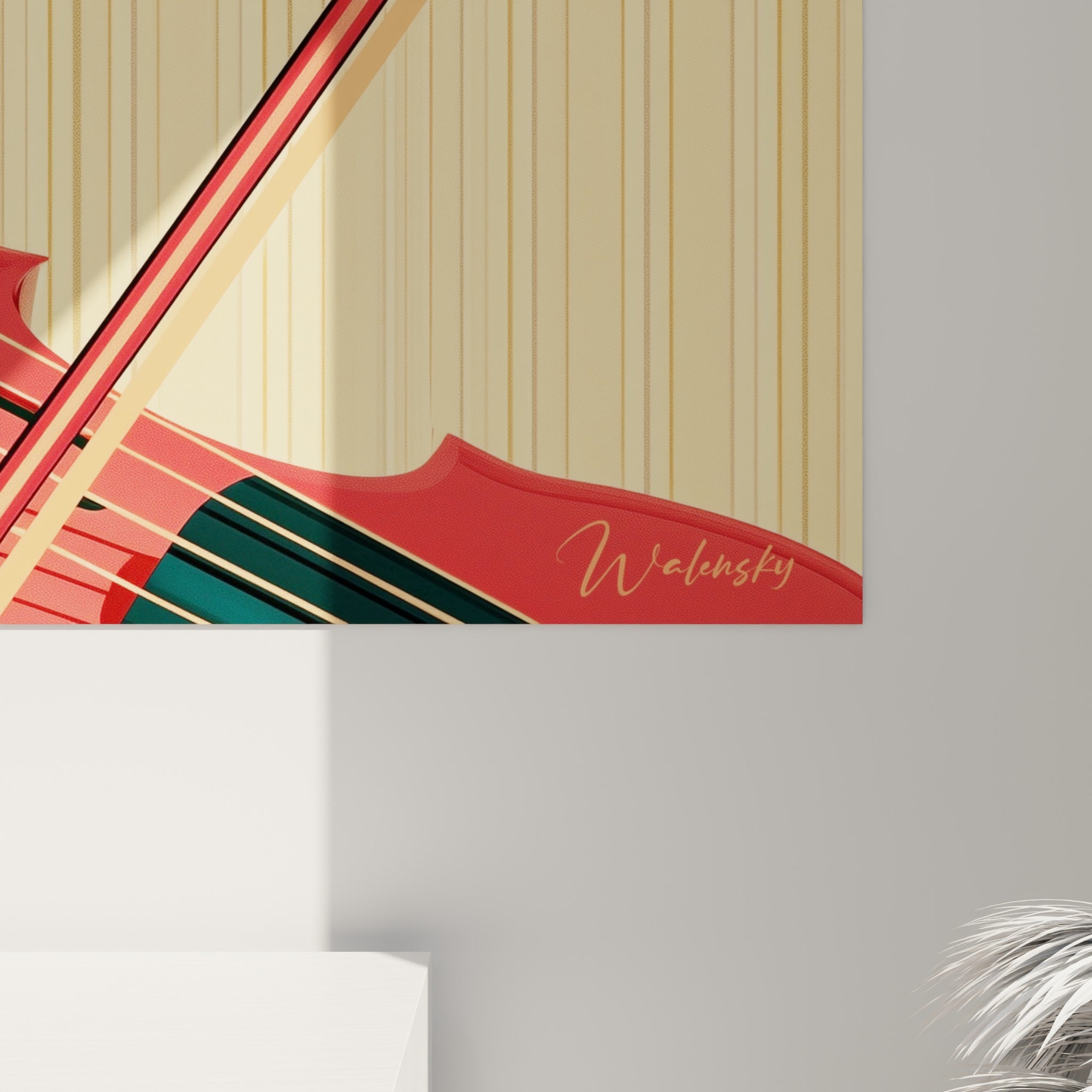 Détail des traits nets et des aplats rouge et doré du violon, grain fin de l'impression bien visible