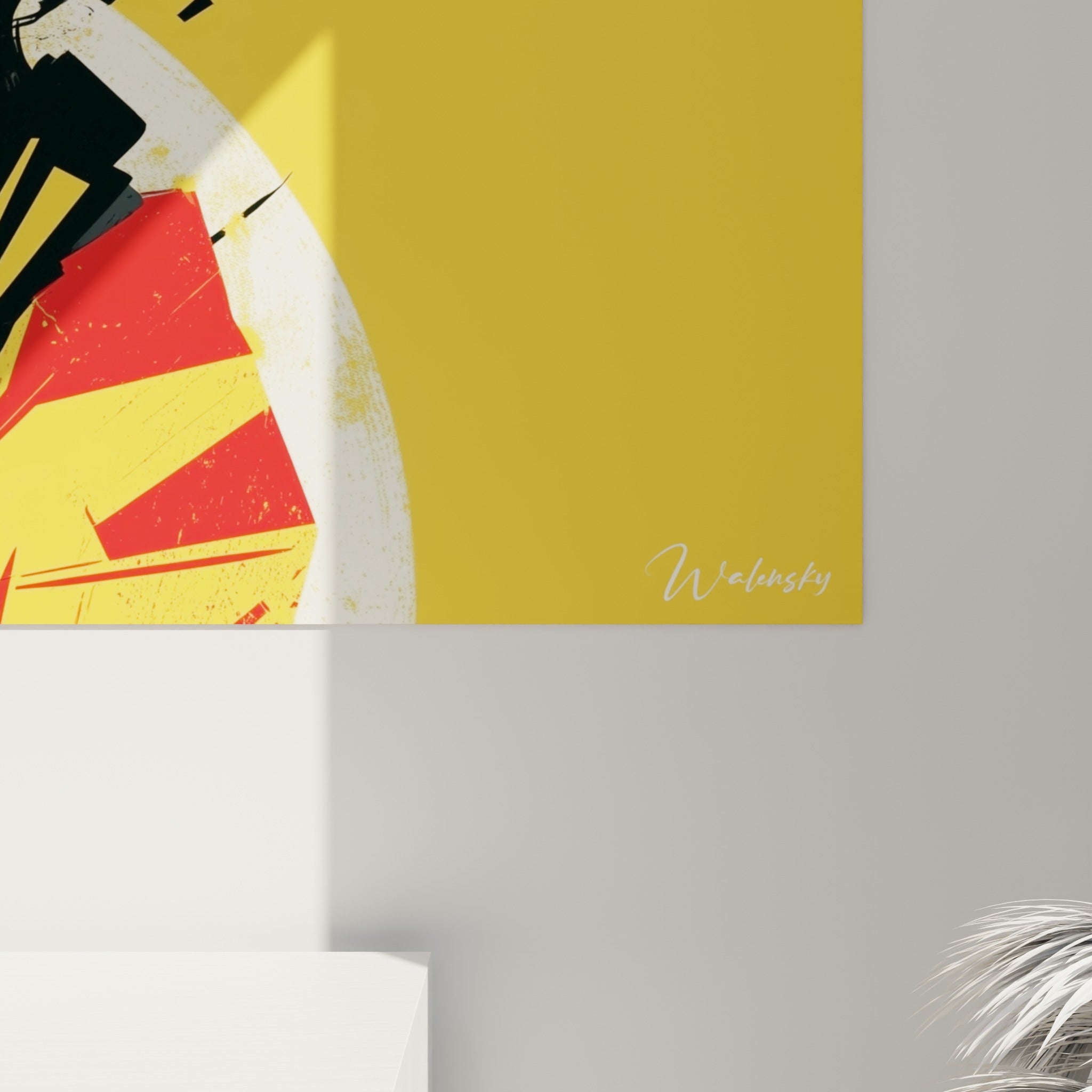 Détail du filet rouge vif et du grain jaune moutarde de l'œuvre Musique accrochée