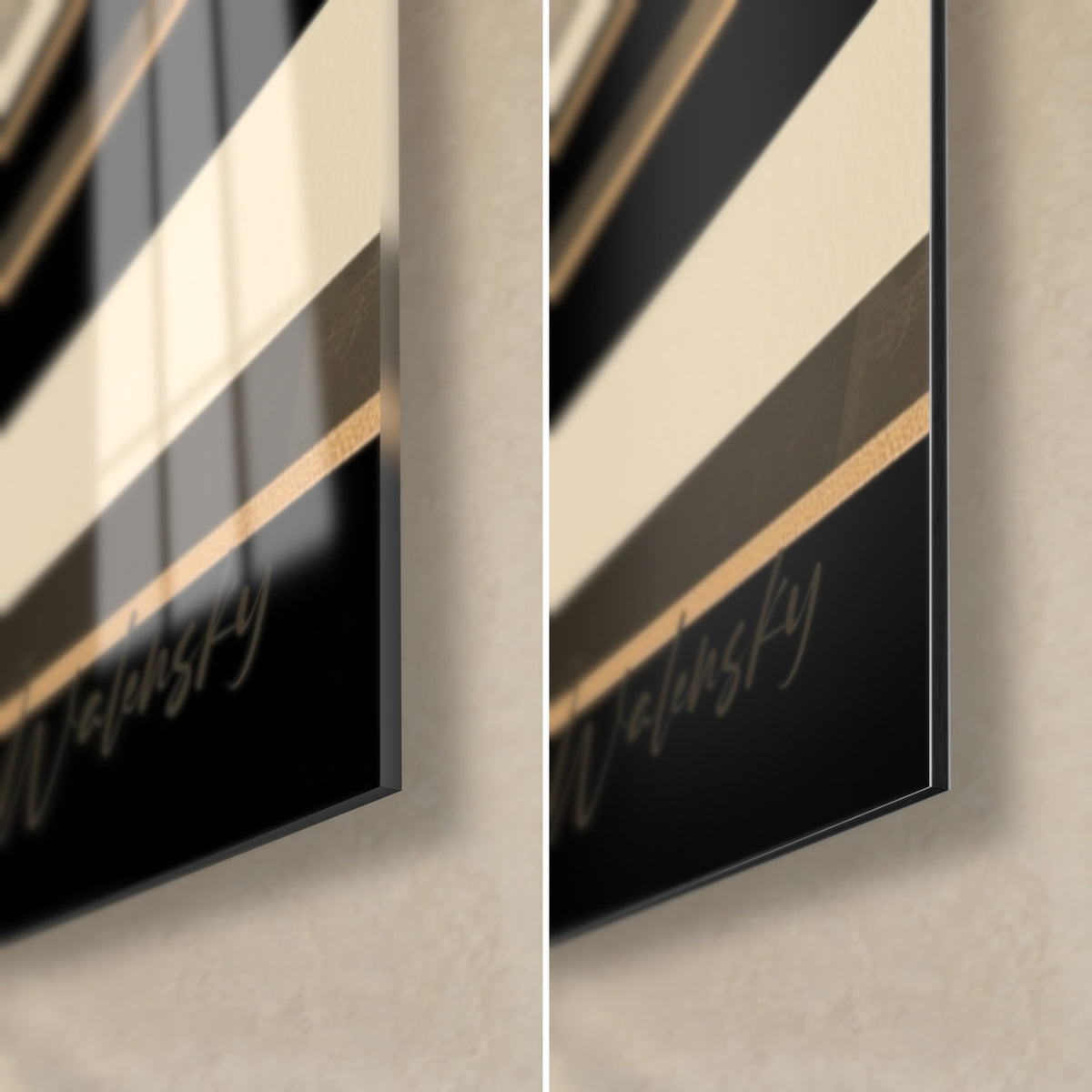 Gemälde Klavier und ivoirfarbene Bögen, unten rechts: glänzendes schwarz-goldenes Acrylglas links, mattes Dibond rechts, 3 mm Kante