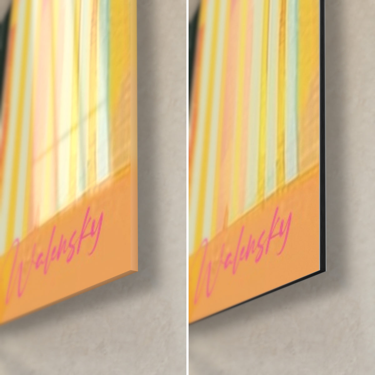 Schilderij contrabassist, rechtsonder: roze en gele strepen, handtekening Walinsky, glanzend glas links, mat zwart Dibond rechts