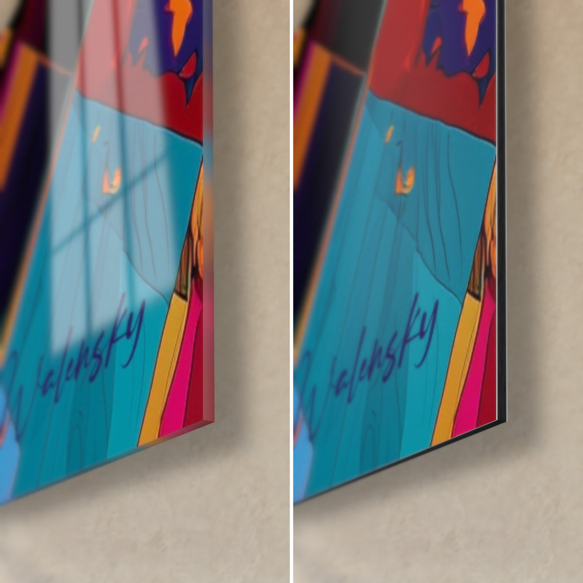 Wall art cubist piano, bottom right corner: saffron yellow and turquoise keys, glossy glass on the left, matte Dibond and edge on the right
