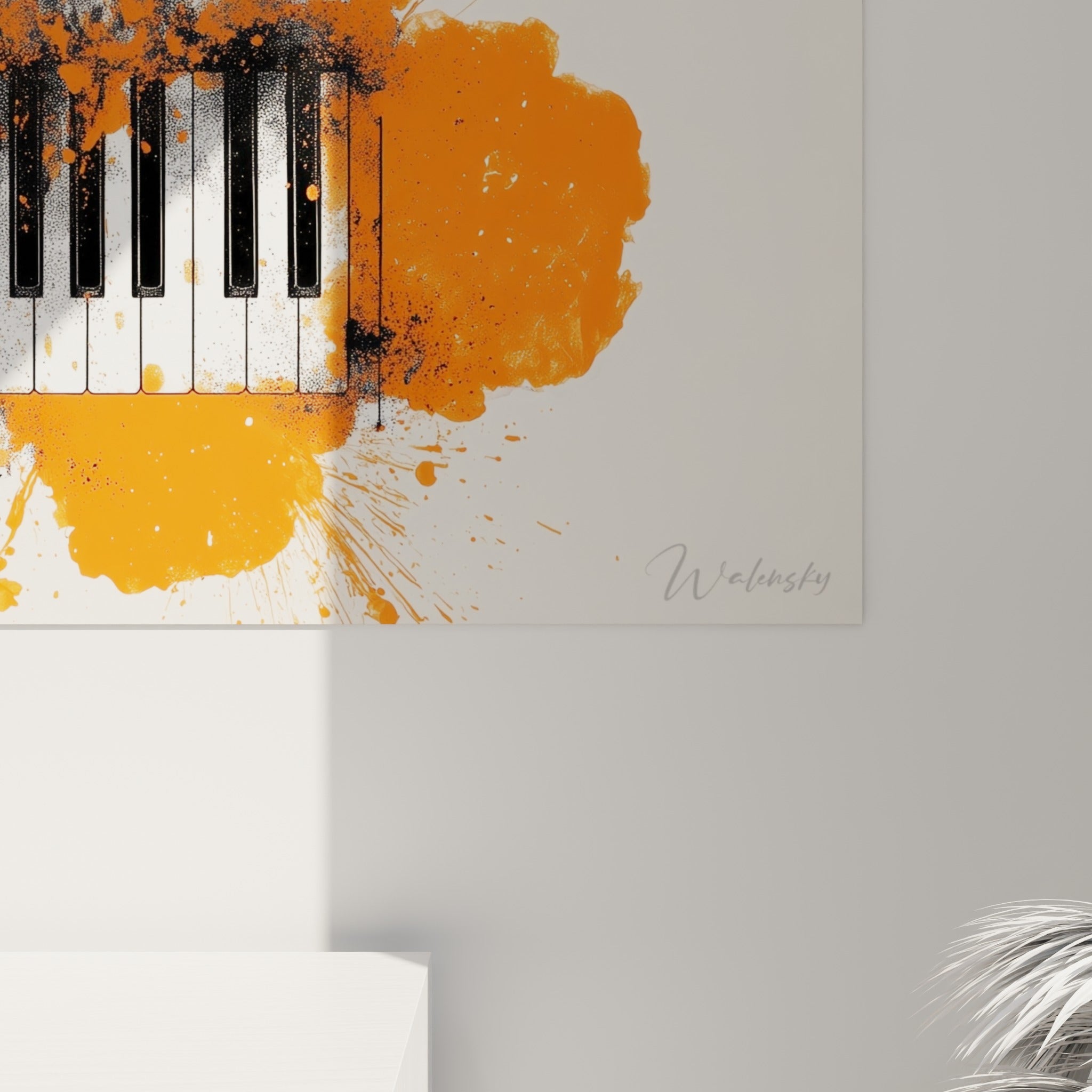 Détail des touches noires et blanches où l'orange éclaboussé se mêle au grain de la matière peinte