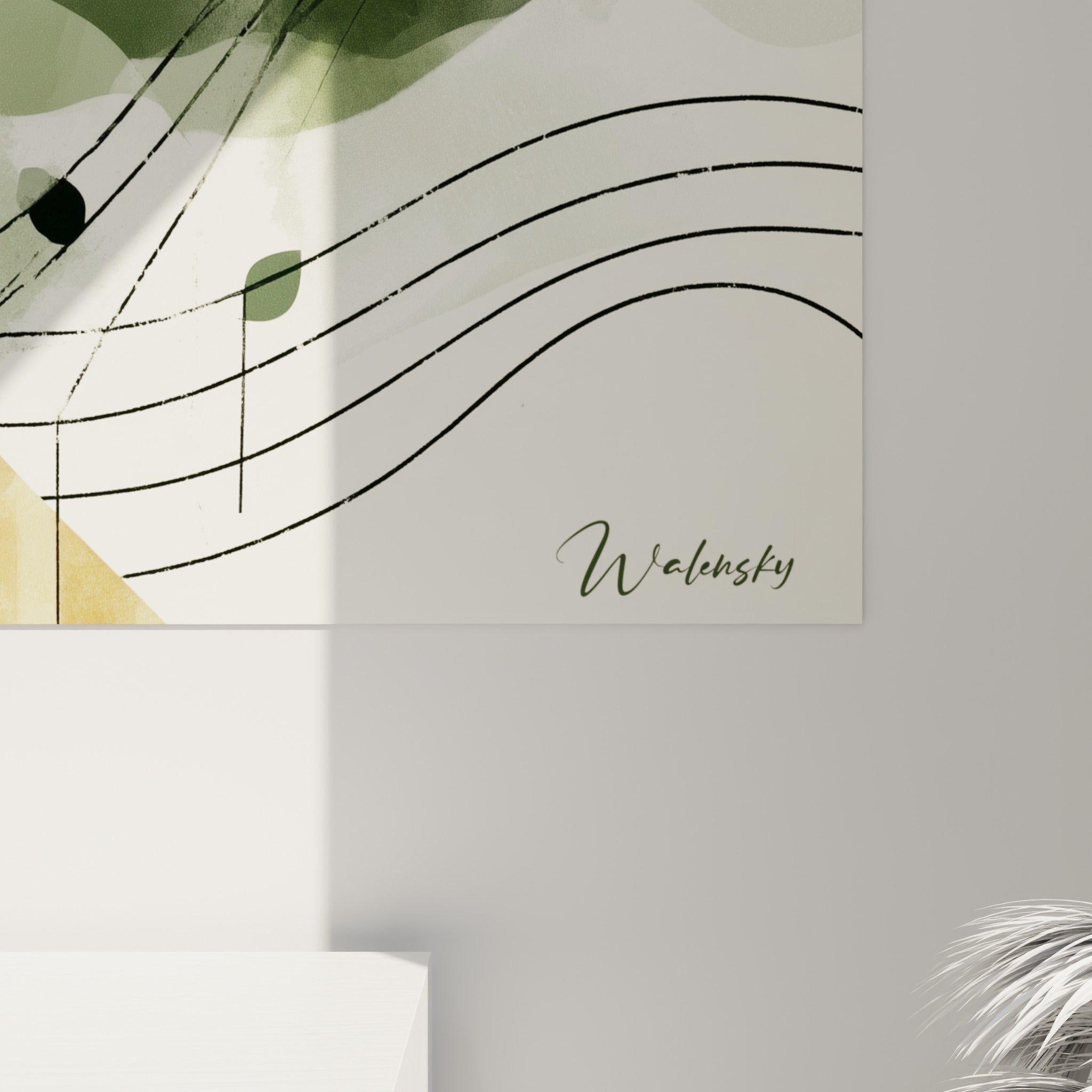 Détail des rayures noires et blanches et du feuillage sauge où l'aquarelle laisse transparaître ses nuances