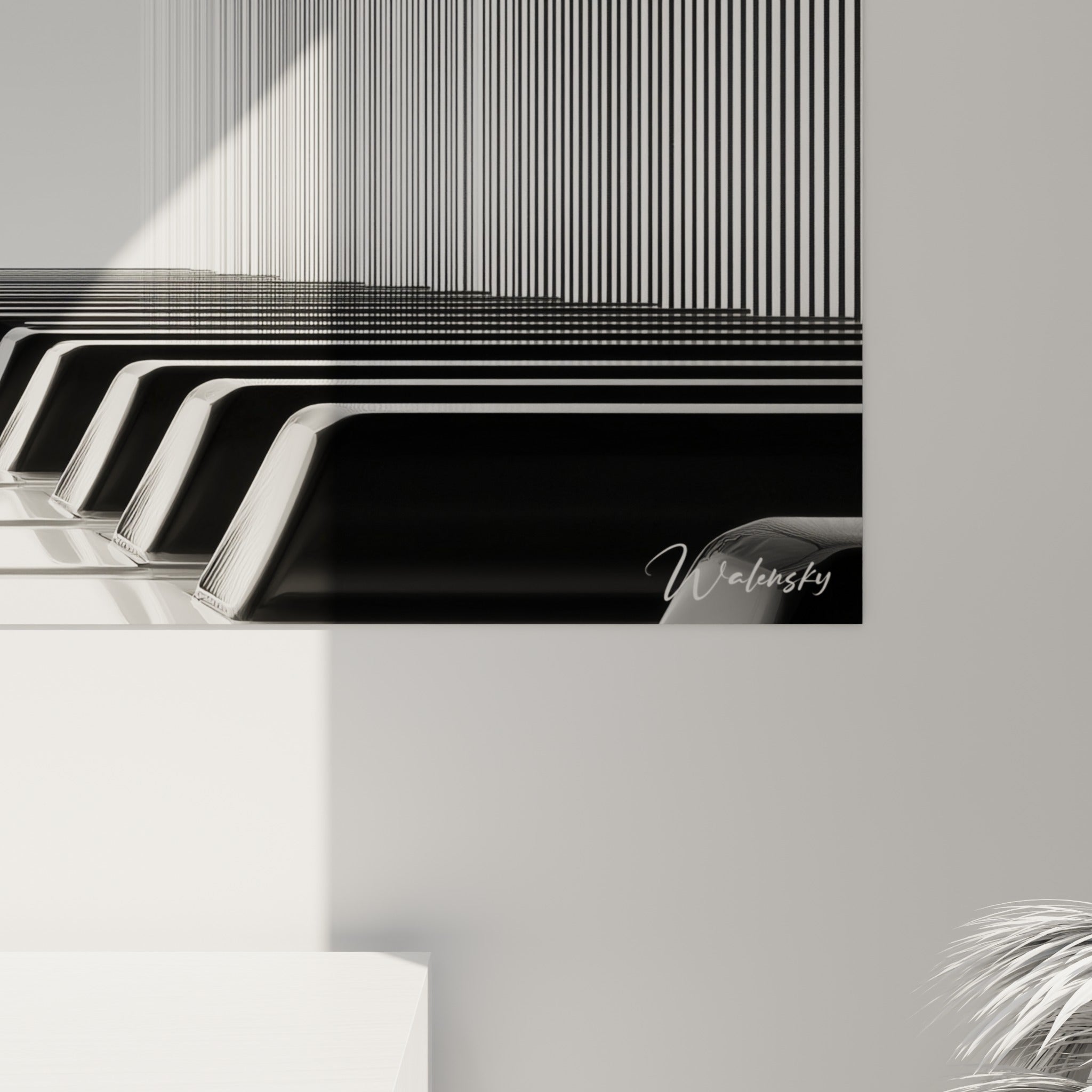 Détail des touches noires et blanches où les lignes verticales grises se fondent dans un reflet subtil