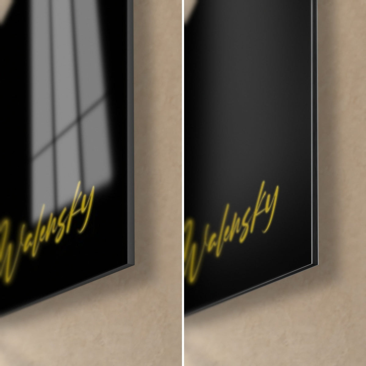 Wall art golden yellow and black violinist, bottom right corner: glossy acrylic glass on the left, matte Dibond on the right, golden signature, 3 mm edge