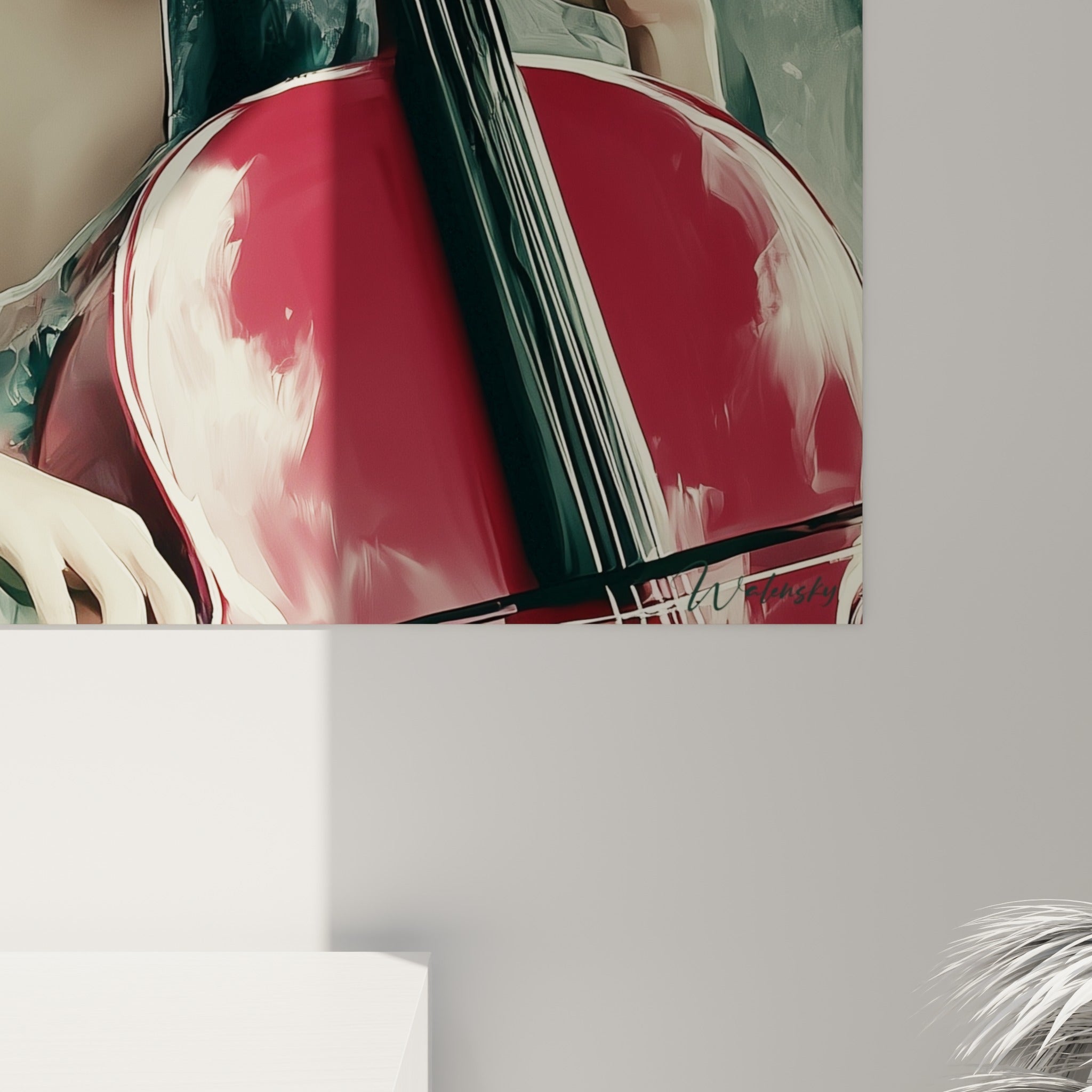 Empâtements picturaux sur le rouge laqué du violoncelle et les tons ivoire de la peau, grain visible de l'impression