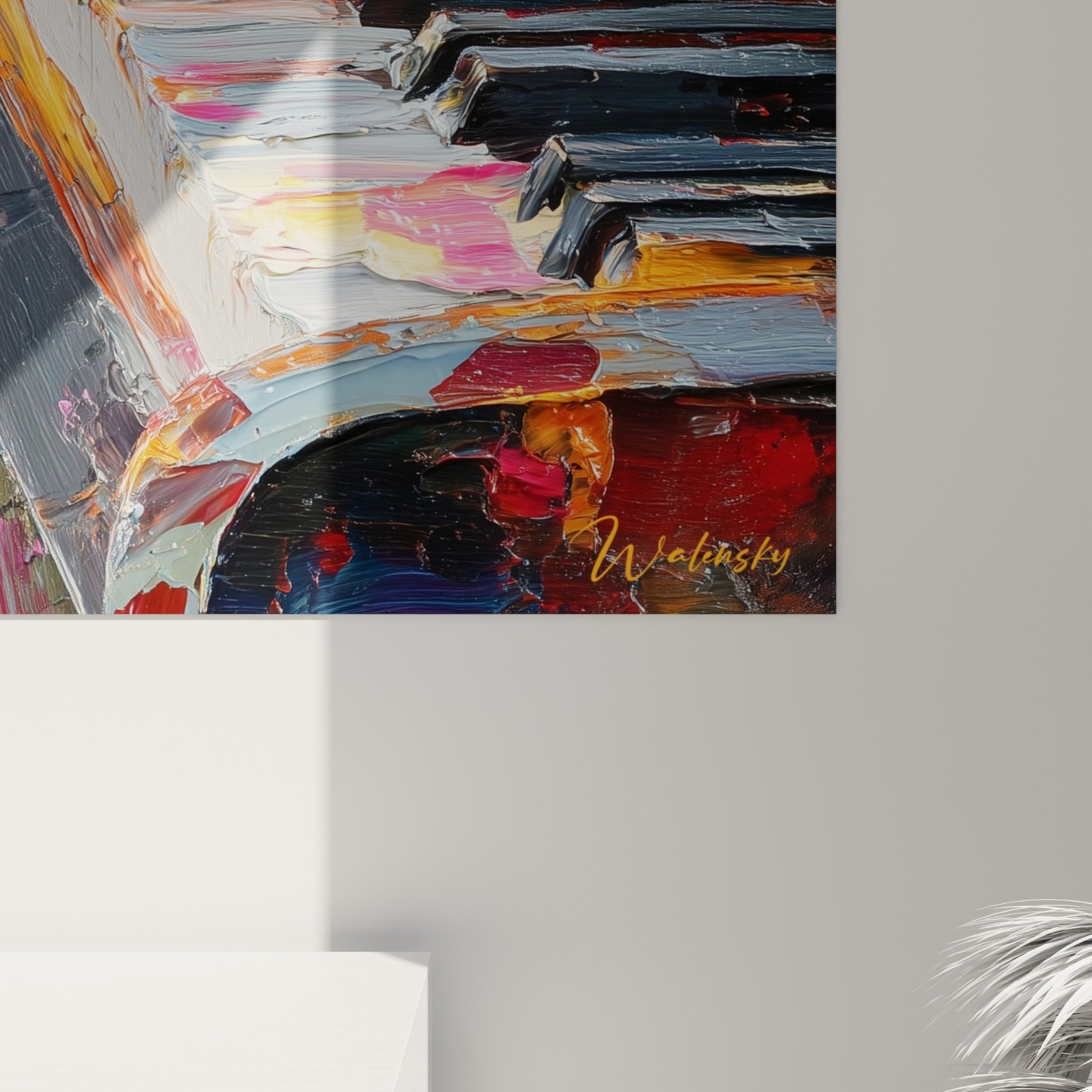 Détail des touches noires et blanches où l'orange et le rose se mêlent en épaisses coulures de peinture