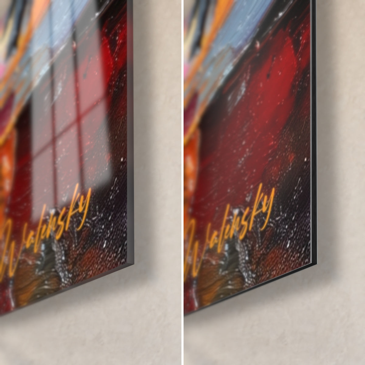 Wall art palette-knife painted piano, bottom right corner: 3 mm edge, glossy glass reflecting the window, matte dark red Dibond