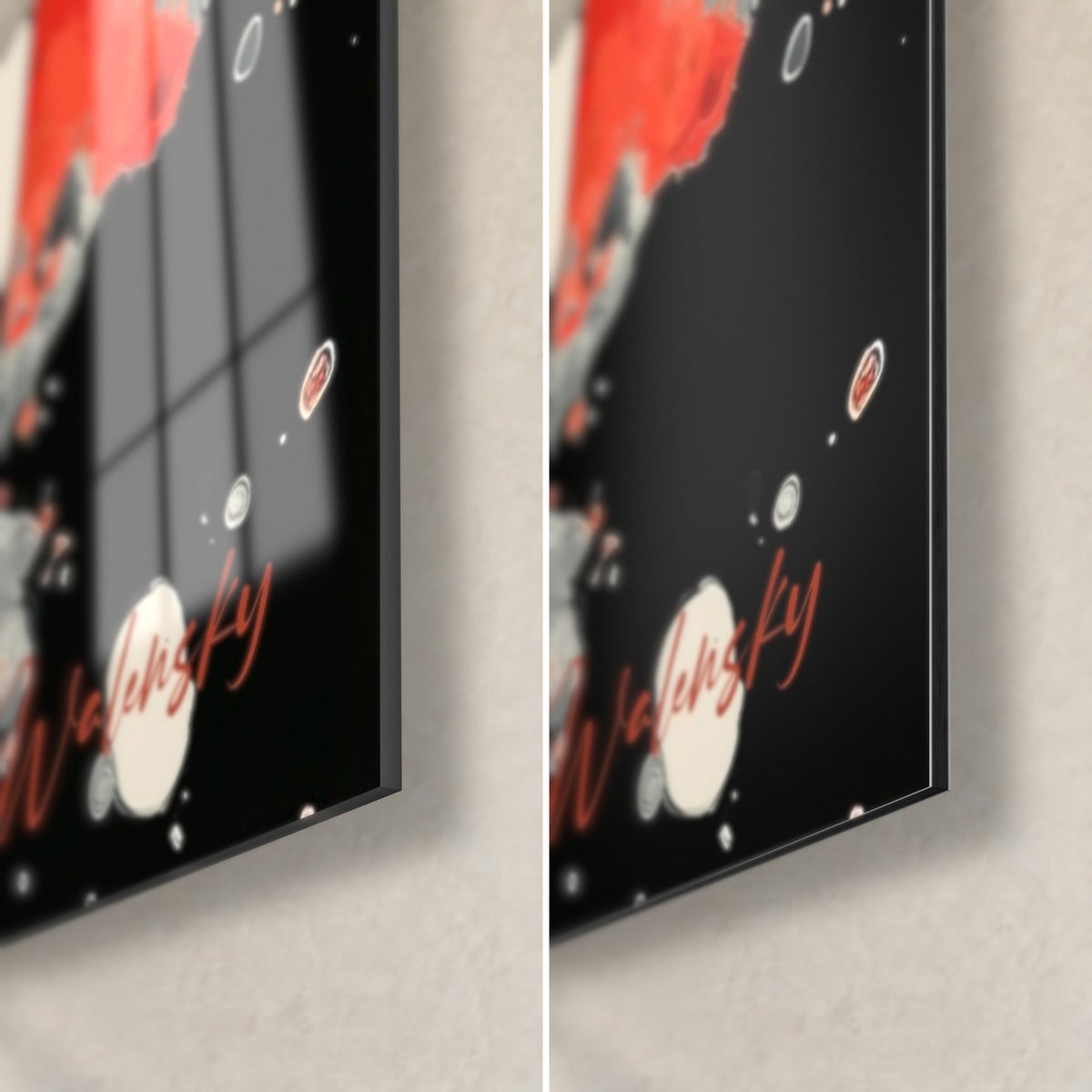 Gemälde Klavier in Orange und Schwarz, untere rechte Ecke: glänzendes Glas links, matt Dibond rechts, 3 mm Kante, rote Signatur