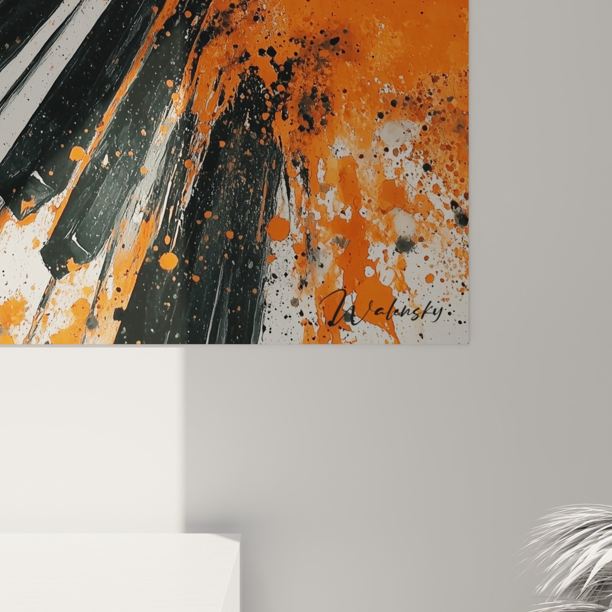 Détail du tableau musique montrant les coulures orange et les empâtements noirs sur les touches du piano