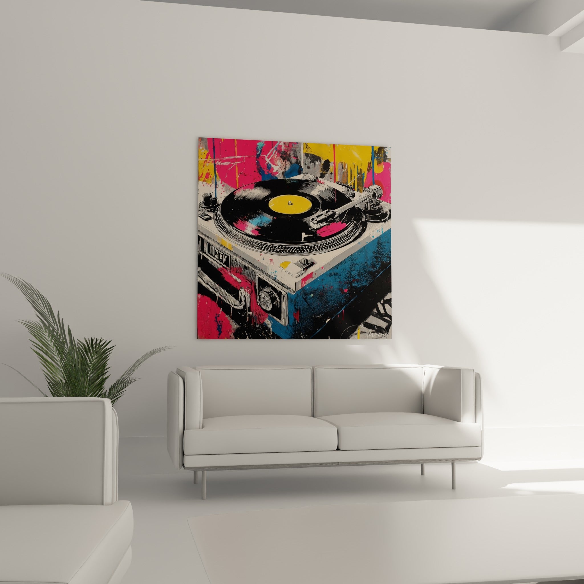 Tourne-disque rose fuchsia et jaune éclaboussé, suspendu au-dessus d'un canapé dans un salon lumineux