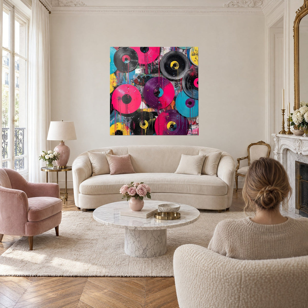 Gemälde mit fuchsiafarbenen und violetten Schallplatten mit Farbläufern, Paar von hinten, über einem Sofa in einem hellen Wohnzimmer