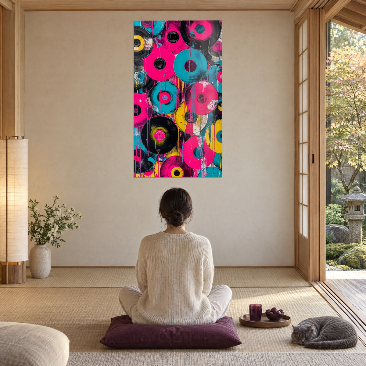 Gemälde mit einer Wand aus psychedelischen Schallplatten in leuchtendem Rosa und türkisem Blau, Frau sitzt auf einem Pflaumenkissen neben einer grauen Katze, Zen-Garten