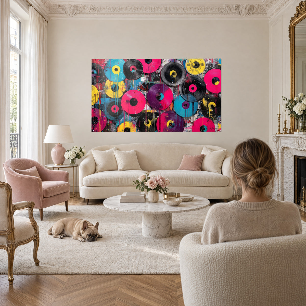 Schilderij met druipende fuchsia en turquoise vinylplaten, twee personen van achteren, bulldog, boven een bank in een lichte woonkamer