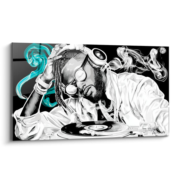 Cuadro Música negro y turquesa DJ tocadiscos vinilo - Humo en volutas - Edición Música