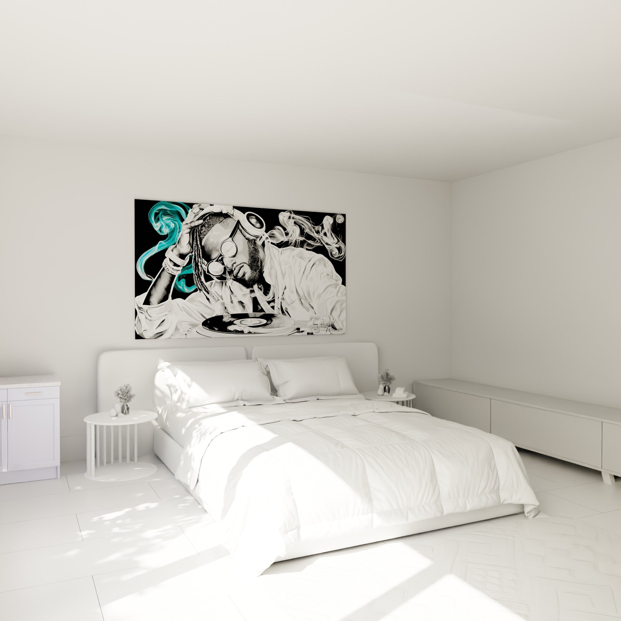 DJ absorbé par son mix aux tons noir et blanc, fumée turquoise, au-dessus d'un lit dans une chambre claire