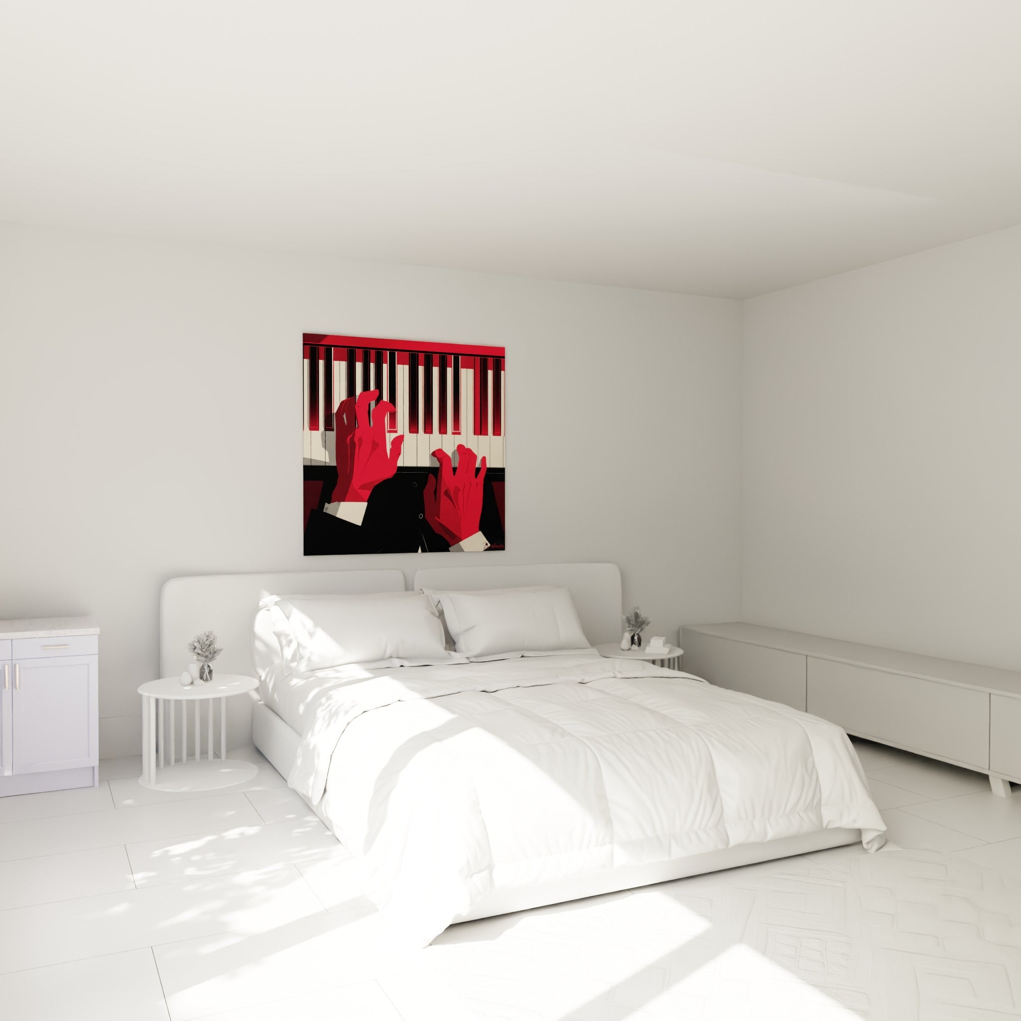 Doigts écarlates effleurant des touches ivoire et noires, au-dessus d'un lit dans une chambre claire