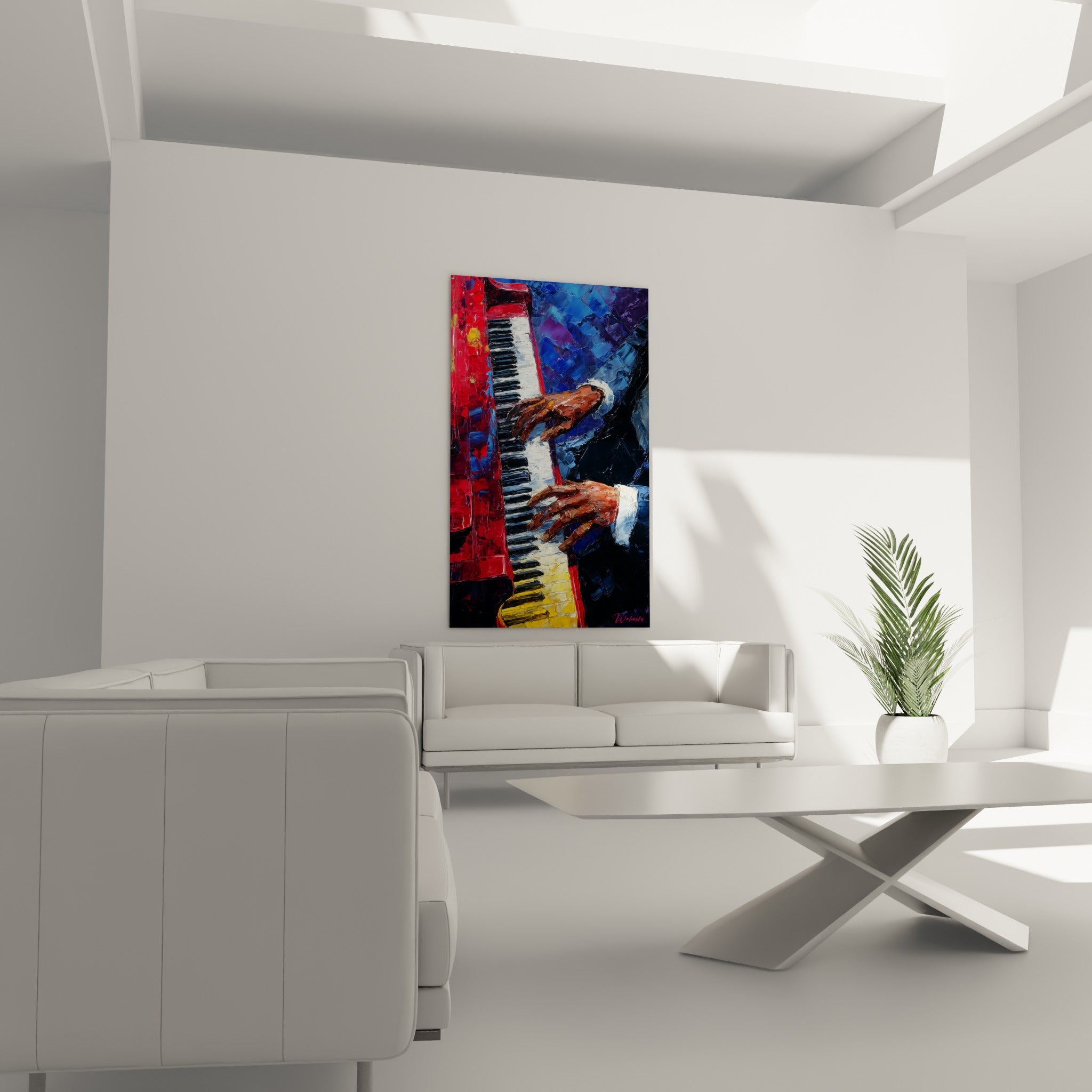 Doigts en mouvement sur un piano rouge écarlate et fond bleu profond, au-dessus d'un canapé dans un salon lumineux