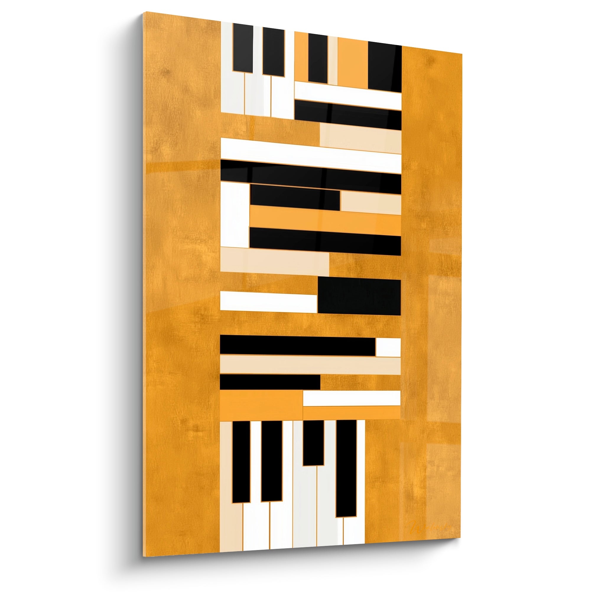 Musique en touches de piano fragmentées, noir et blanc sur fond doré texturé, composition géométrique
