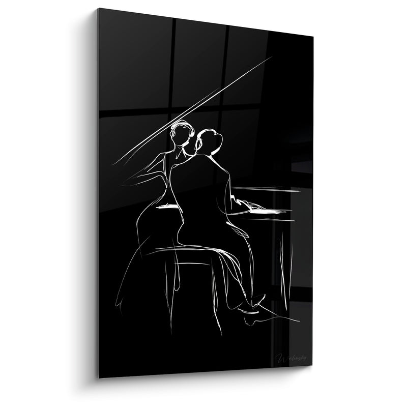 Tableau Musique noir et blanc couple assis piano - Ligne continue élégante - Edition Musique