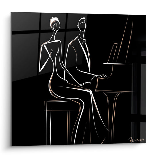 Musique en duo au piano, silhouettes blanches et dorées sur fond noir profond graphique