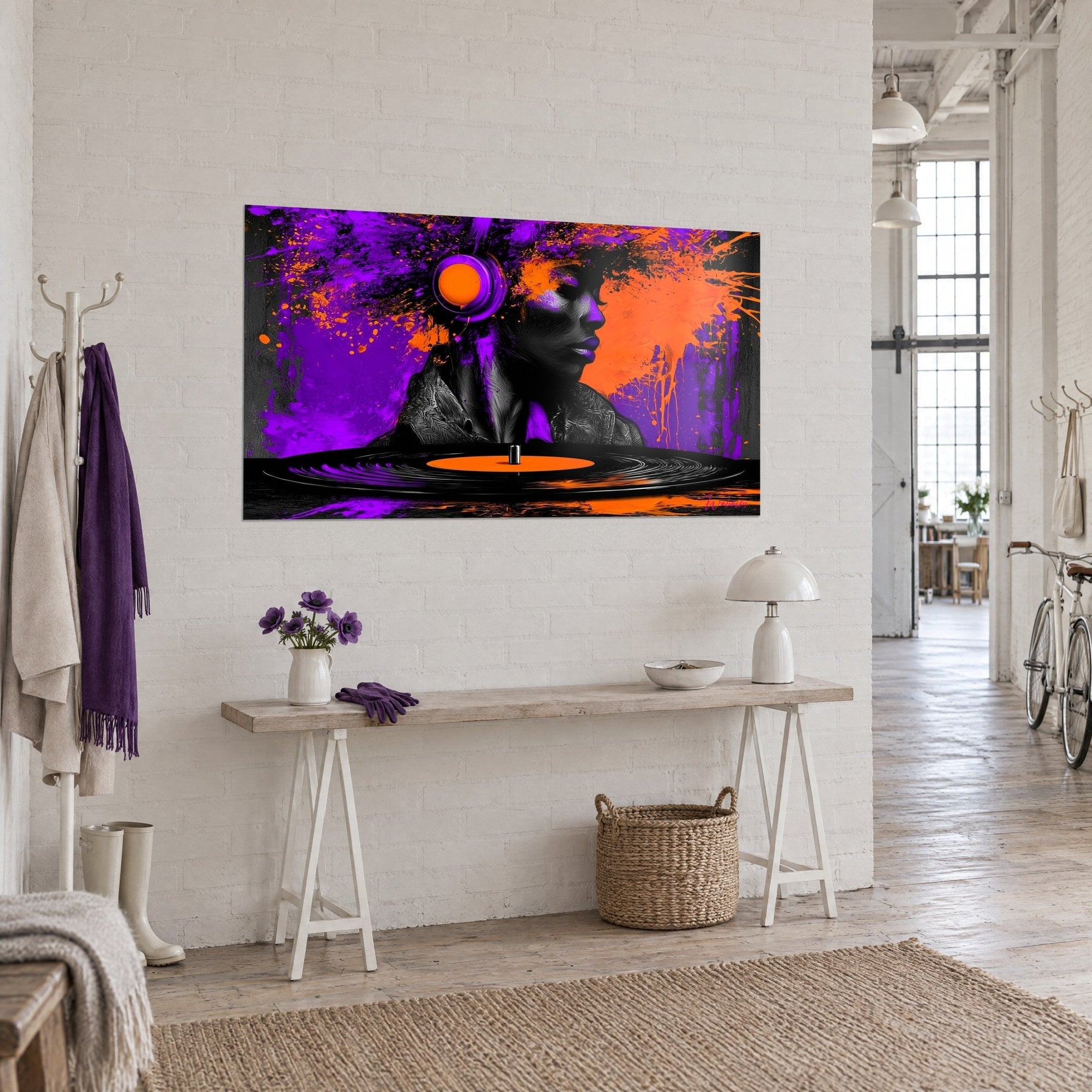 Purple Orange Music Artwork - Woman with Headphone and Vinyl
