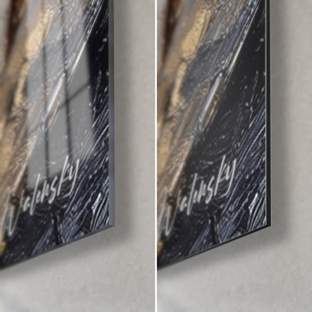 Wall art ivory and brown keyboard, bottom right corner: glossy acrylic glass on the left, matte brushed Dibond aluminium on the right, 3 mm edge