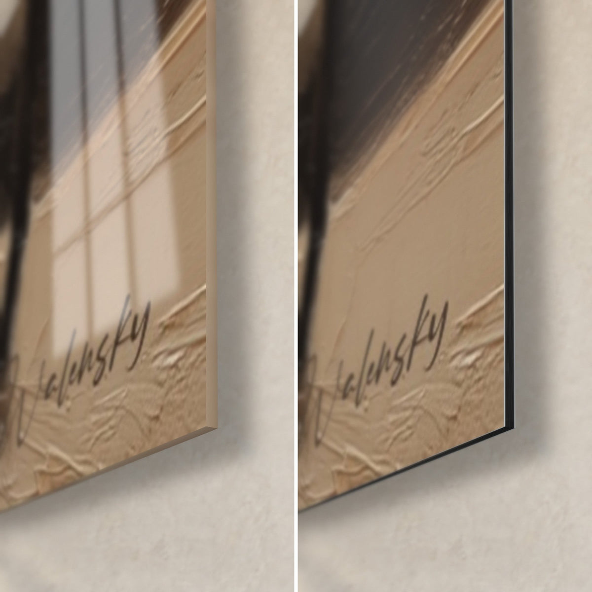 Quadro Pianista seduto, angolo in basso a destra: vetro acrilico lucido e Dibond in alluminio opaco, impasti beige e marroni, spessore 3 mm
