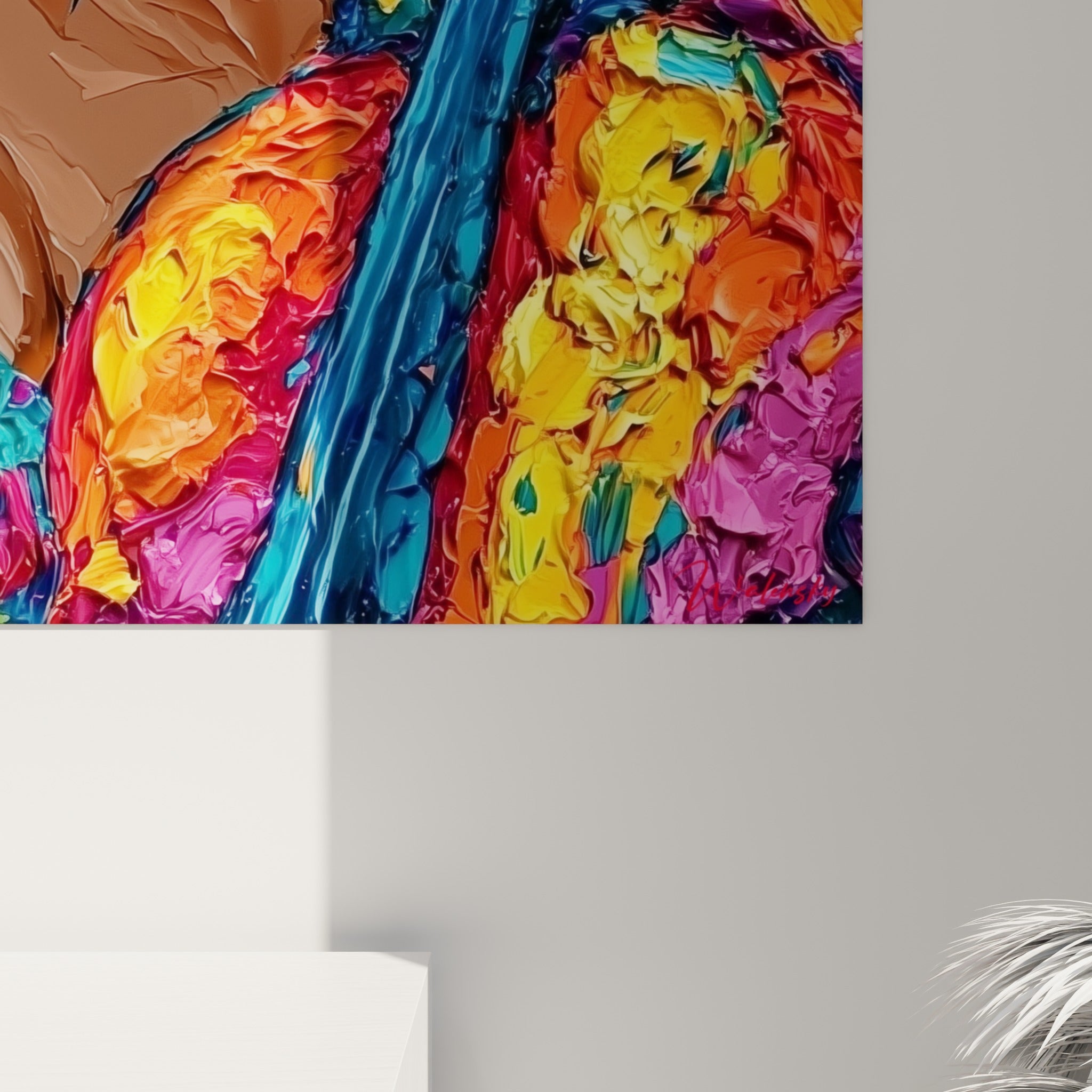 Empâtements épais bleu turquoise et orange se mêlant sur la toile, matière sculptée visible de près