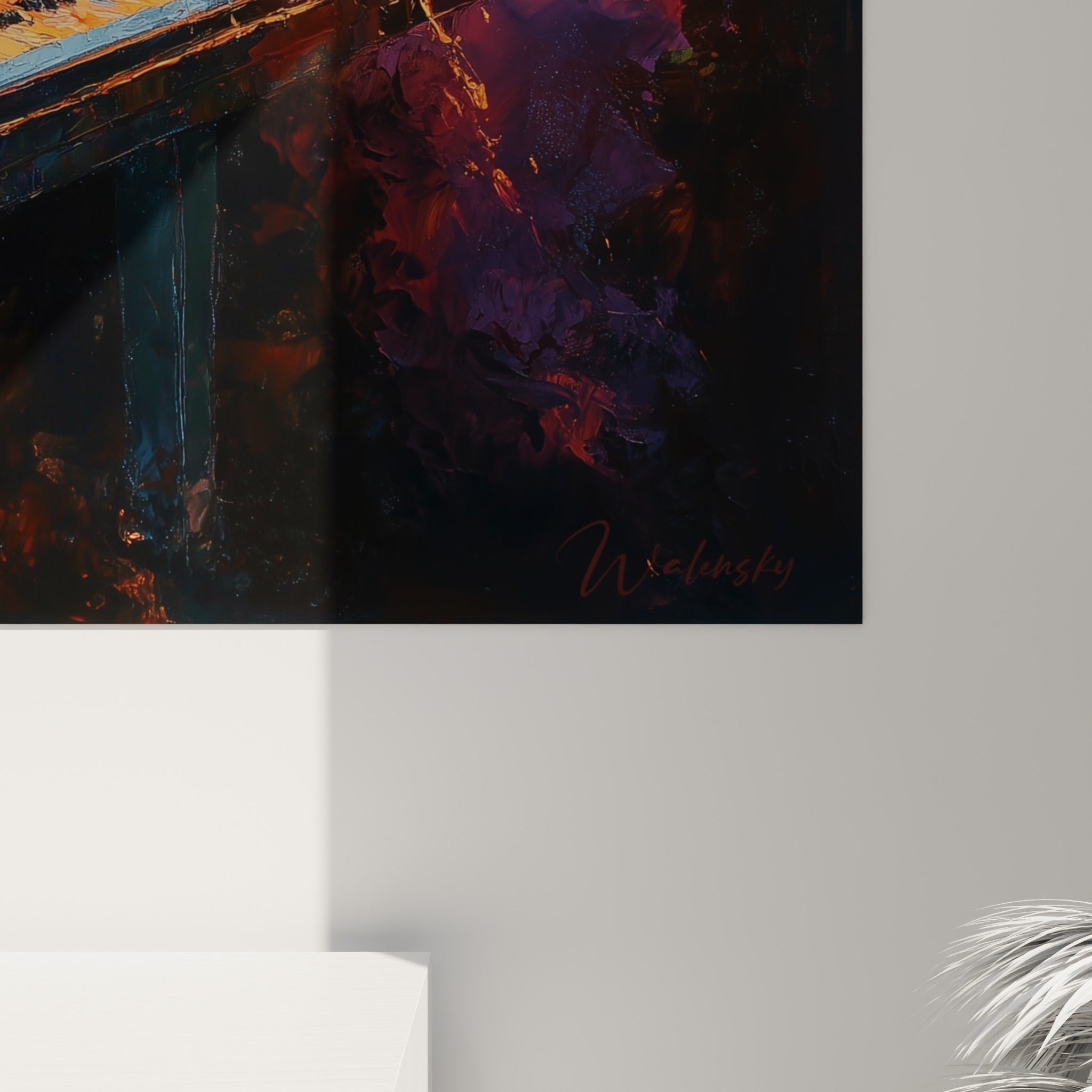 Empâtements colorés bleu pétrole et orange vif se mêlant en coulures denses sur la toile du piano enflammé