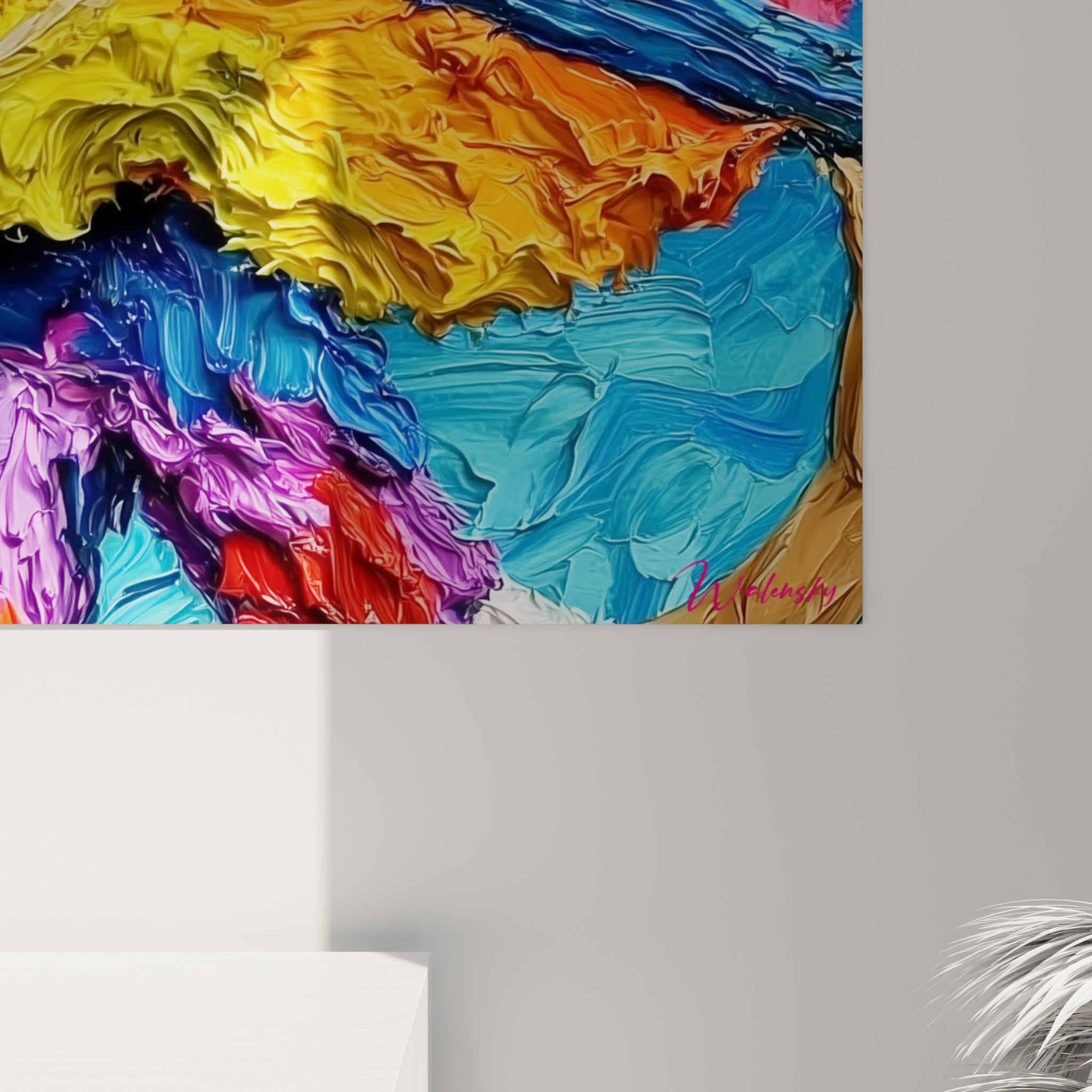 Empâtements jaune et orange du violon peint au couteau, coulures fuchsia se mêlant au bleu profond