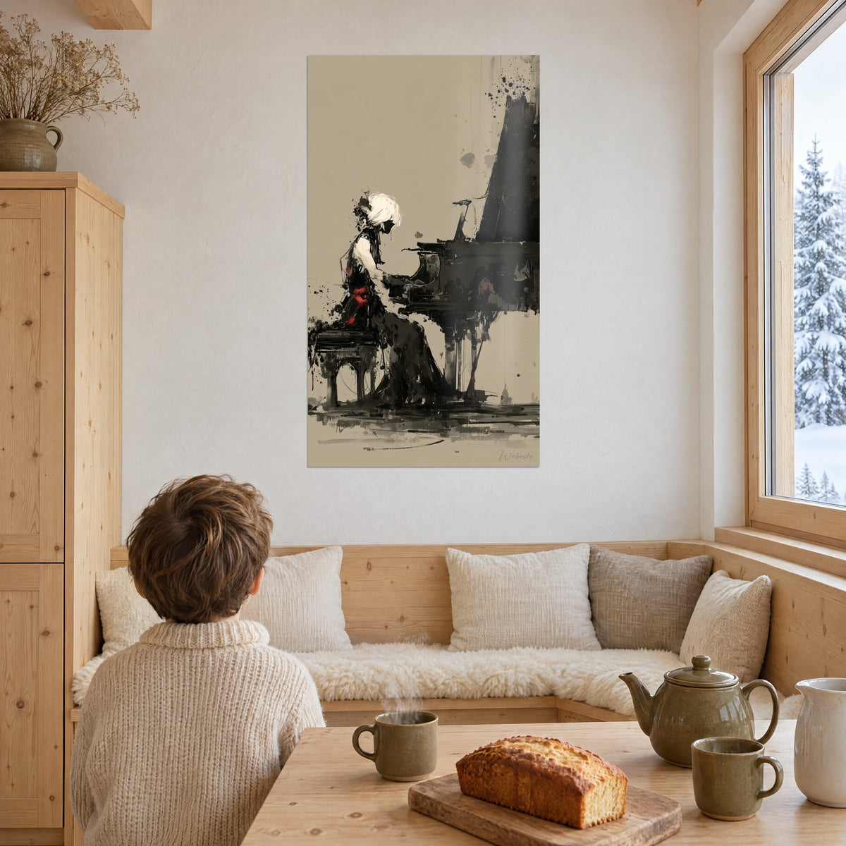 Quadro di una virtuosa seduta davanti alla tastiera, capelli bianchi e nastro rosso, inchiostro nero su beige, in uno chalet innevato