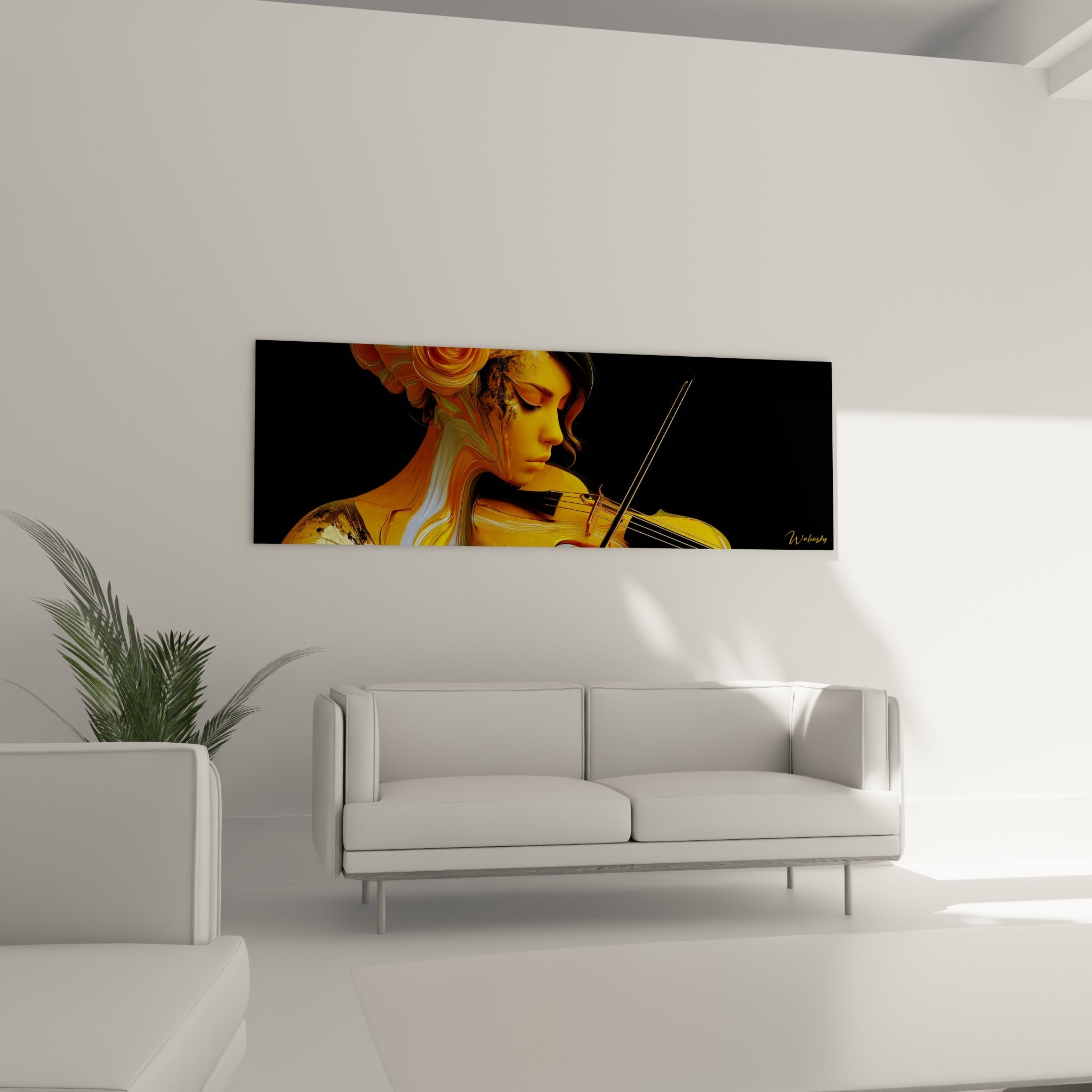 Violoniste fauve et noire absorbée par sa mélodie, au-dessus d'un canapé dans un salon lumineux