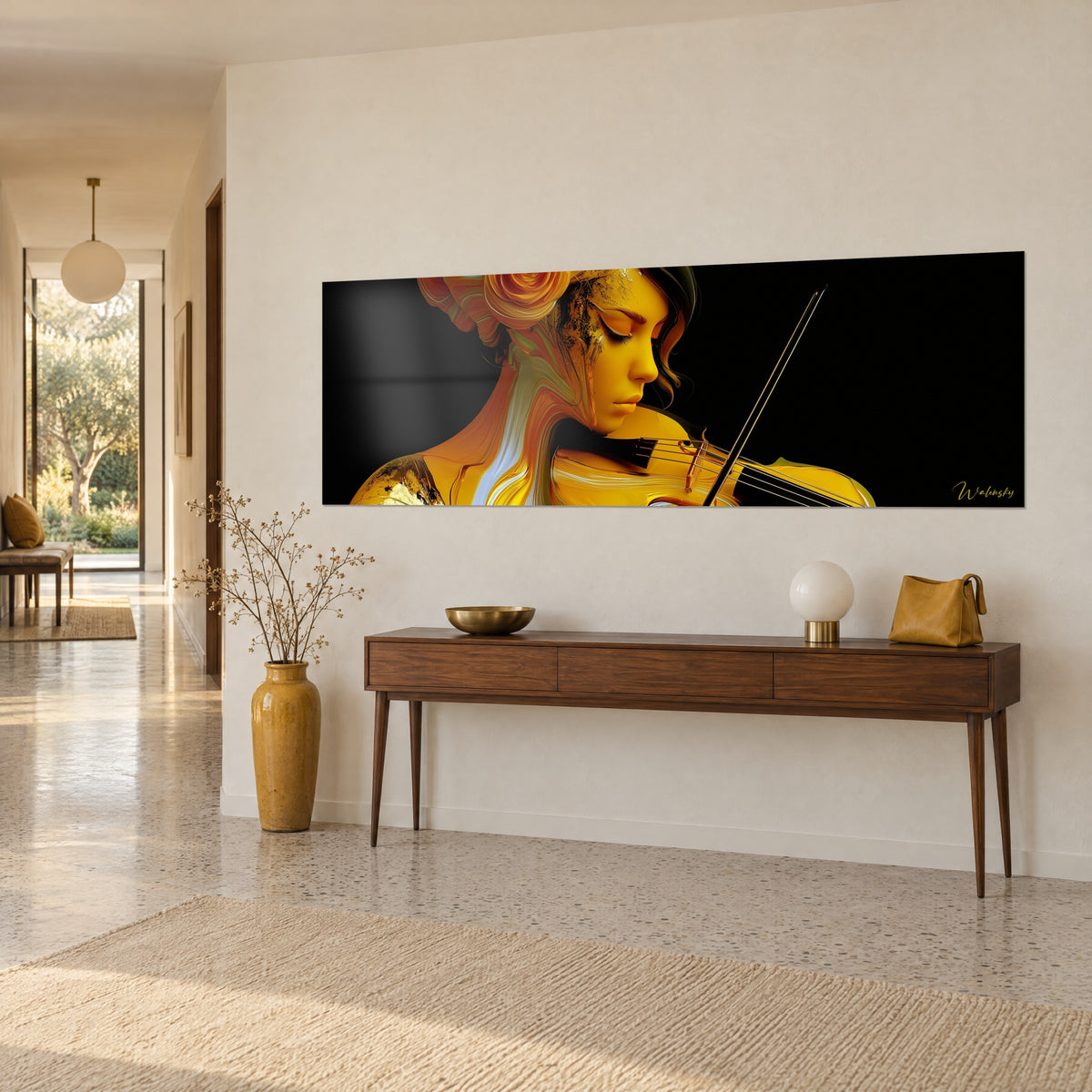Wall art musician with closed eyelids, golden yellow cheek and deep black background, bow on a diagonal, hung above a wooden console