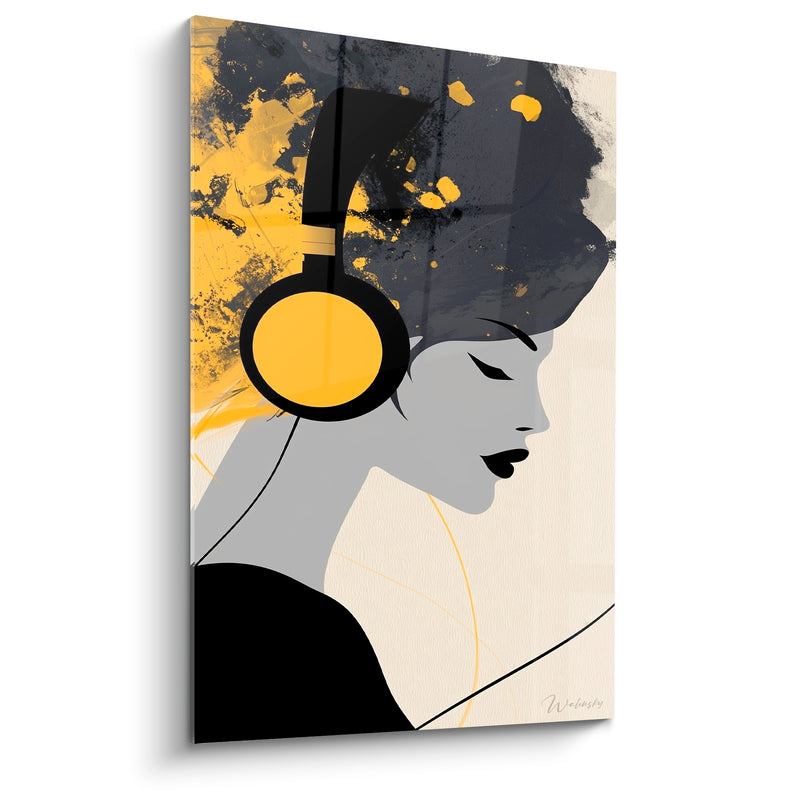 Tableau Musique jaune et anthracite casque audio profil féminin - Portrait au casque - Edition Musique