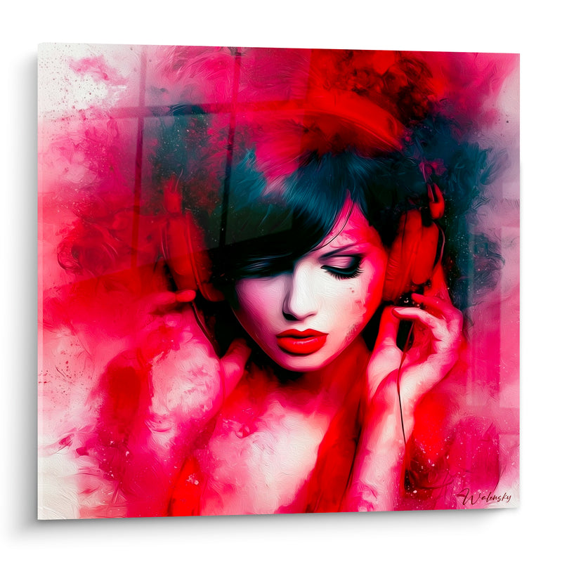 Tableau Musique femme casque rouge et cheveux bleu nuit - Immersion sonore - Edition Musique