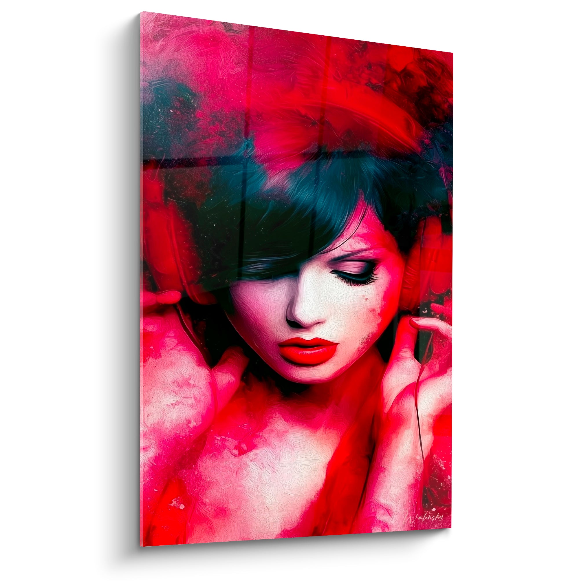 Femme aux yeux clos et casque audio, dominante rouge fauve et noir anthracite, portrait pictural intense