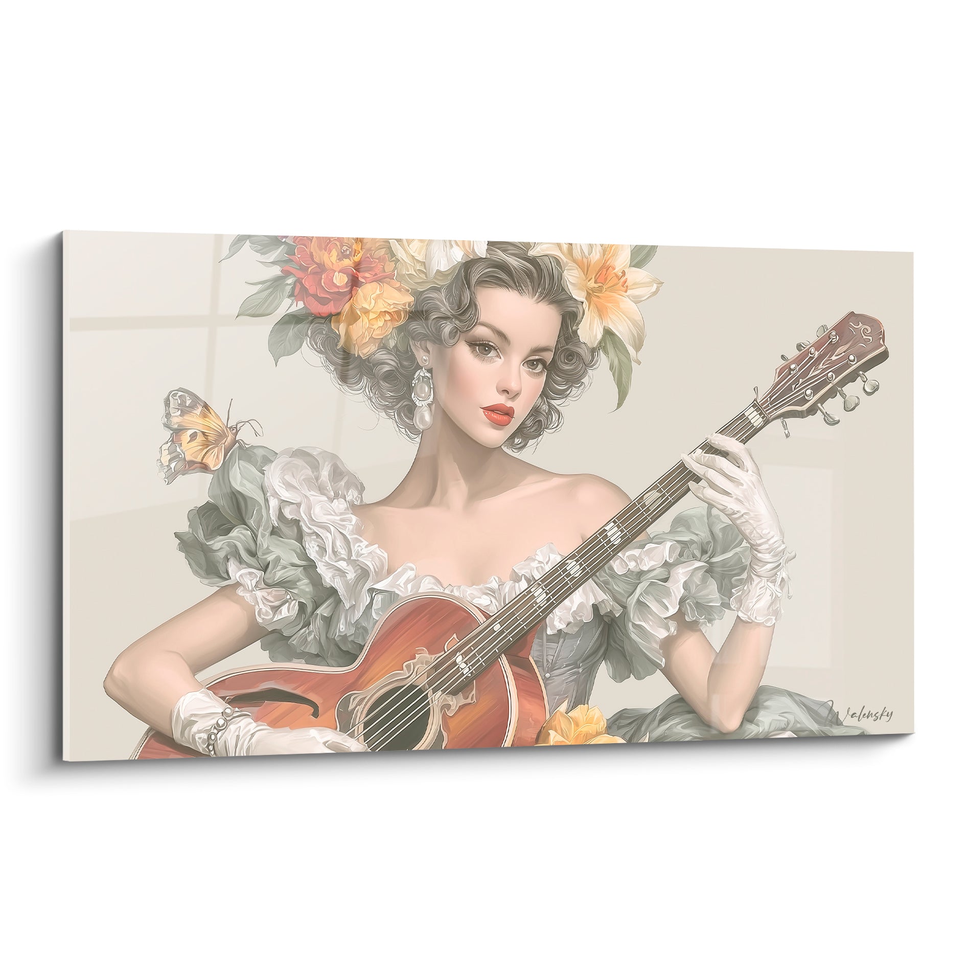 Musique : femme aux fleurs ivoire et jaunes tenant une guitare acajou, robe volantée grise