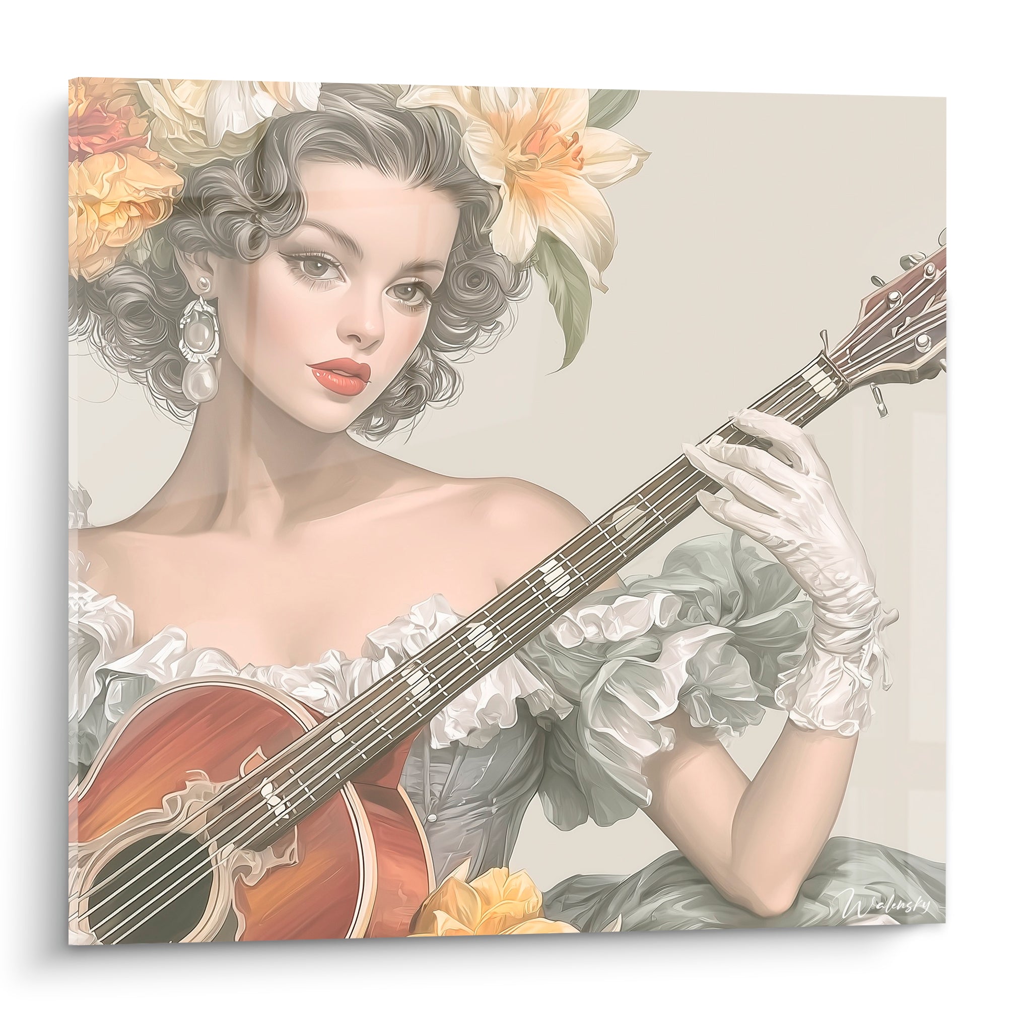 Musique femme joue guitare terracotta, chevelure grise fleurie jaune et blanche, robe grise volantée