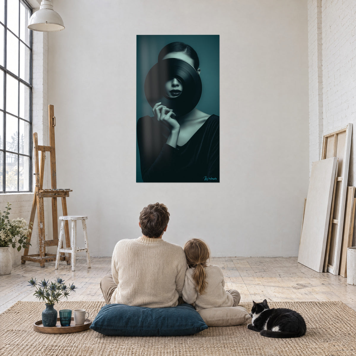Quadro musa con vinile nero davanti al viso, monocromia blu petrolio e nero, adulto e bambino di spalle, gatto tuxedo su un tappeto