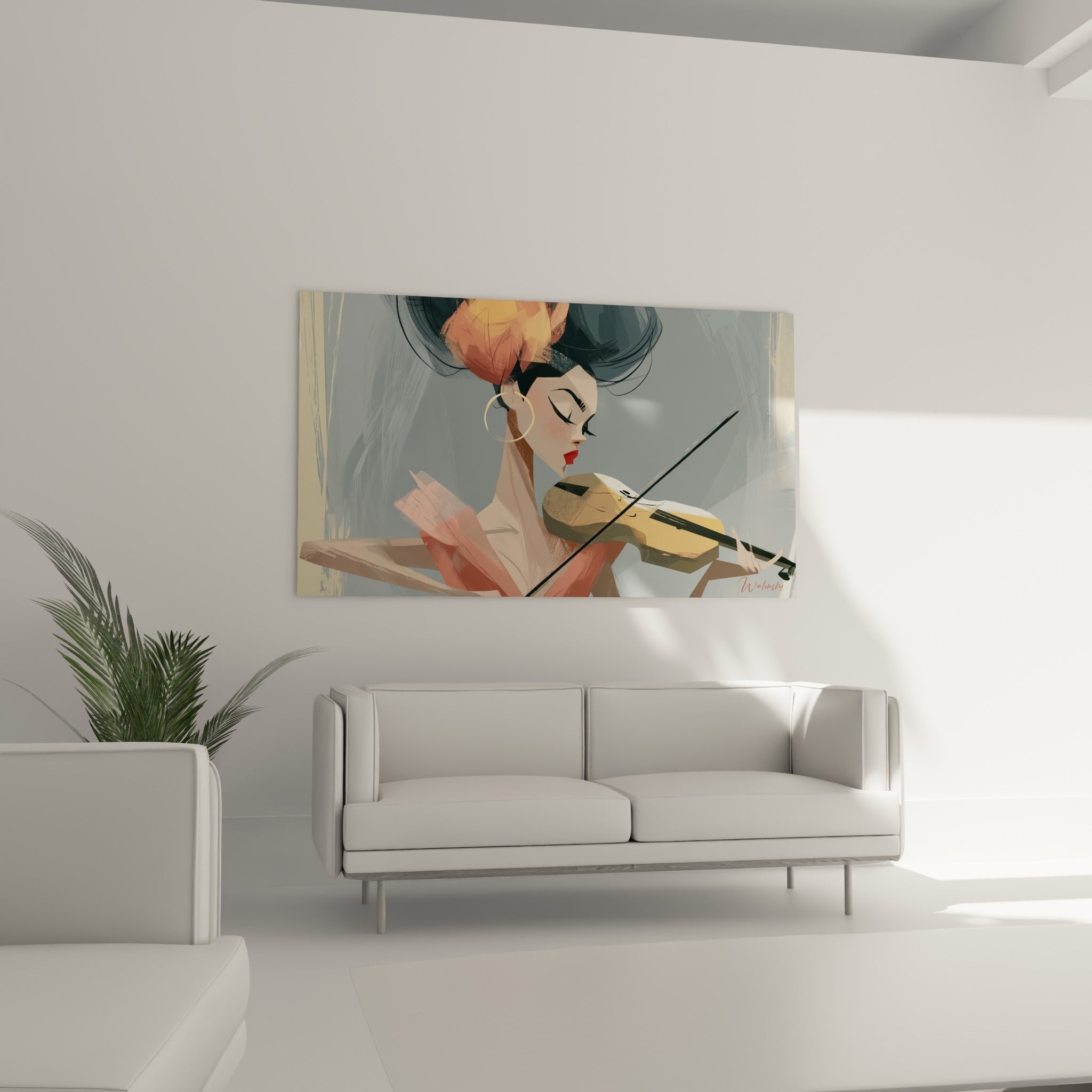 Femme au profil serein jouant du violon, tons anthracite et saumon, au-dessus d'un canapé dans un salon lumineux
