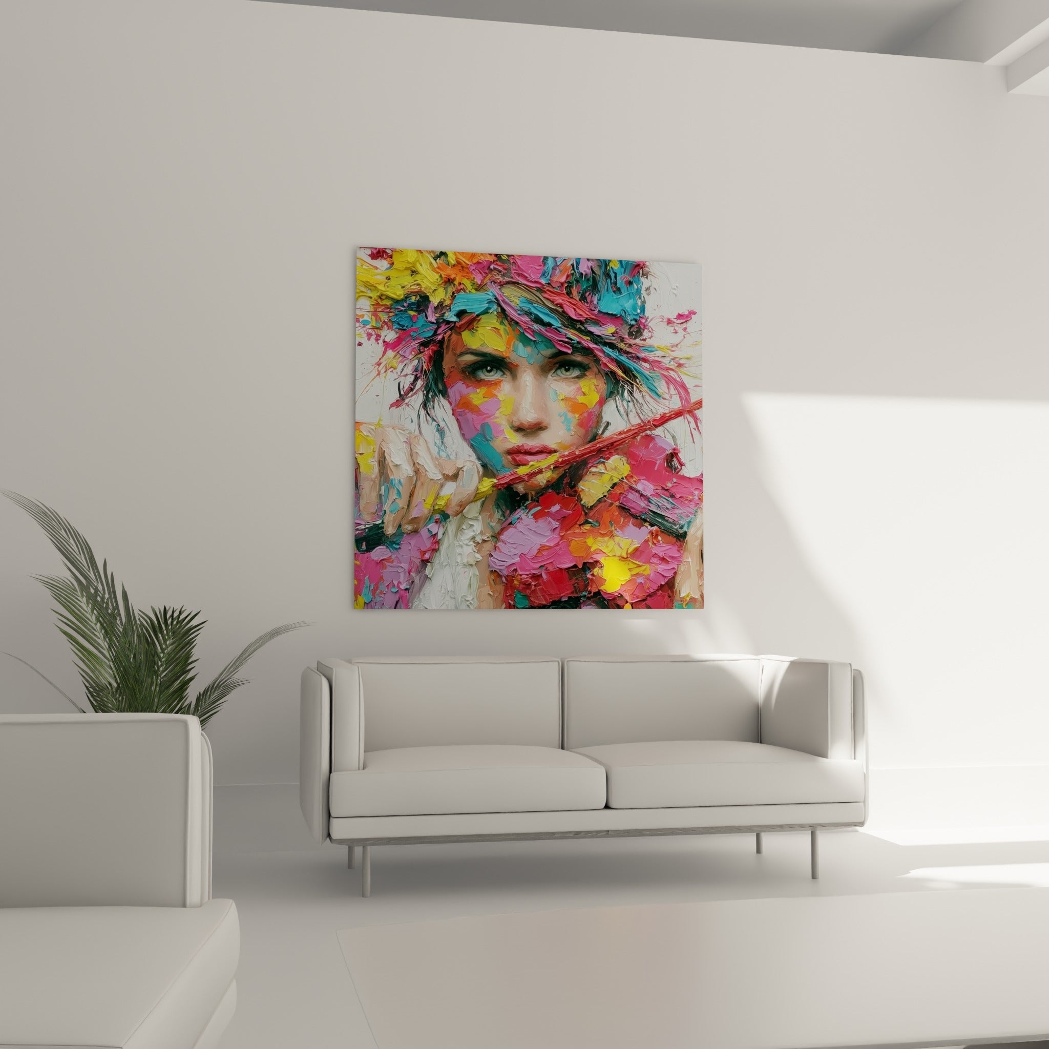 Femme au violon peinte en empâtements roses et bleus, au-dessus d'un canapé dans un salon lumineux