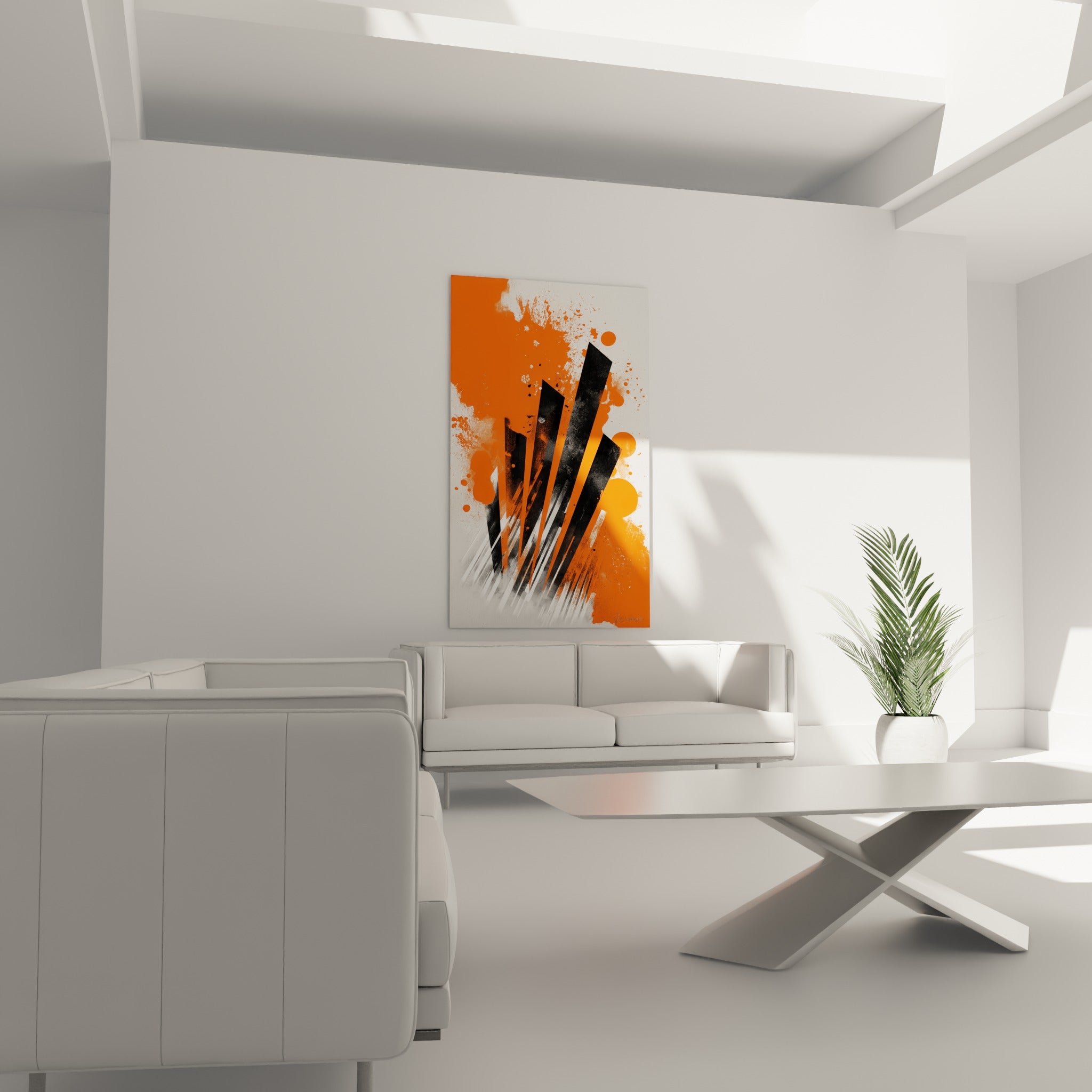 Traits sombres et fond orange de Musique en pleine composition, au-dessus d'un canapé dans un salon lumineux