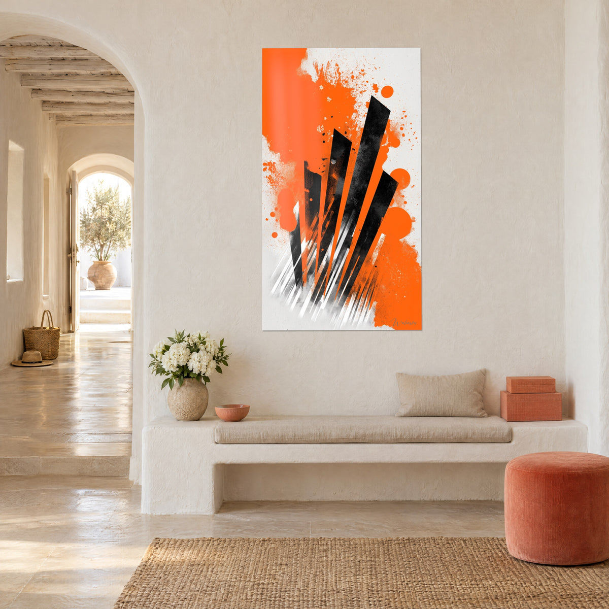 Wall art with orange paint bursts on off-white background, vertical black bars in a Mediterranean living room, three-quarter view