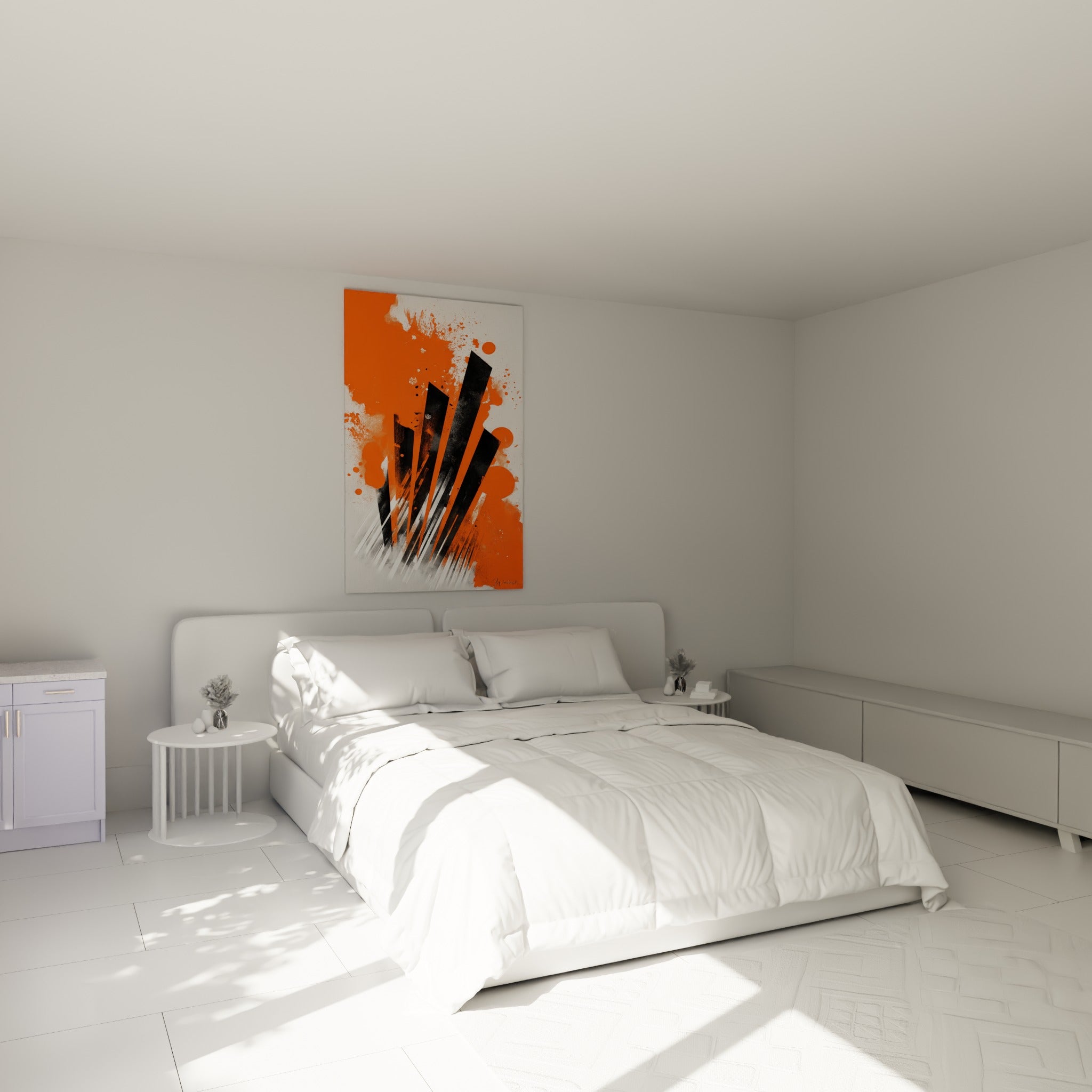 Silhouettes noires verticales de Musique sur orange intense, au-dessus d'un lit dans une chambre claire