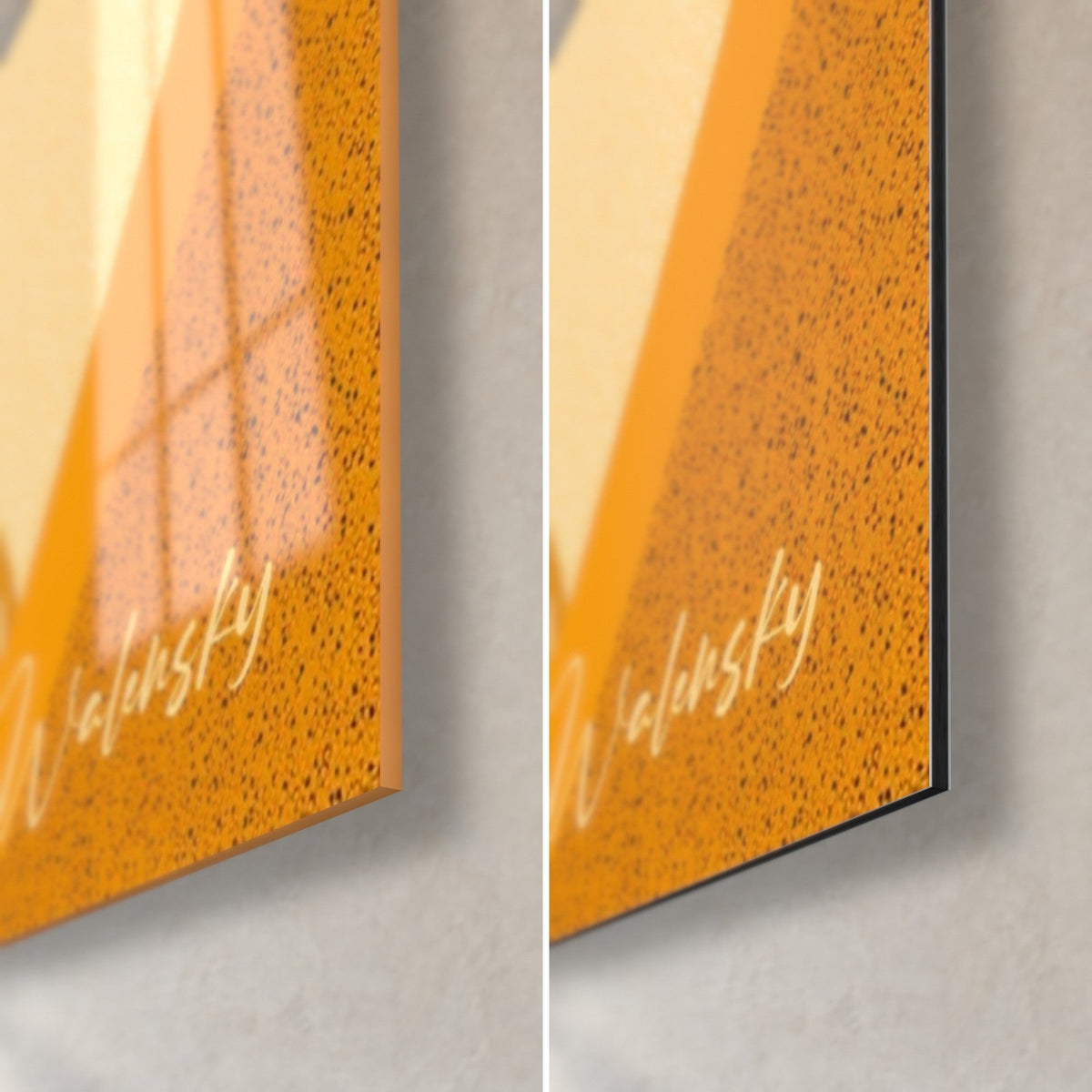 Tableau touches de piano noires et crème sur ambre, coin bas droit : verre acrylique brillant et reflets, Dibond mat, tranche 3 mm