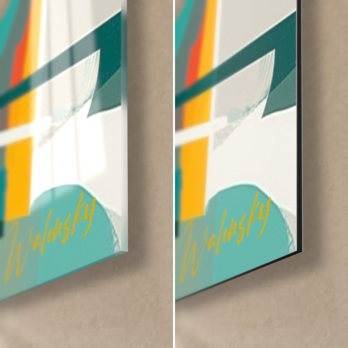 Gemälde Geiger in Pop-Art-Blöcken, untere rechte Ecke aus glänzendem Acrylglas und mattem Dibond-Alu, gelbe Signatur auf Türkis